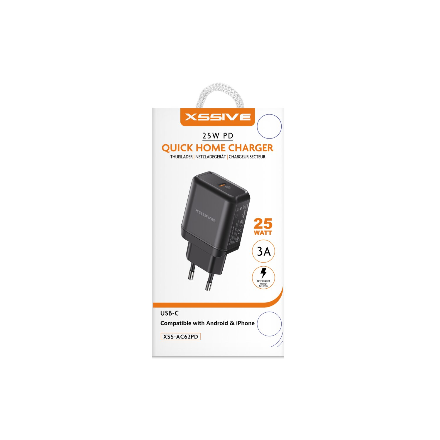 Ein schwarzes Ladegerät mit weißer Verpackung. Text: 25W PD QUICK HOME CHARGER. Weißer Hintergrund.