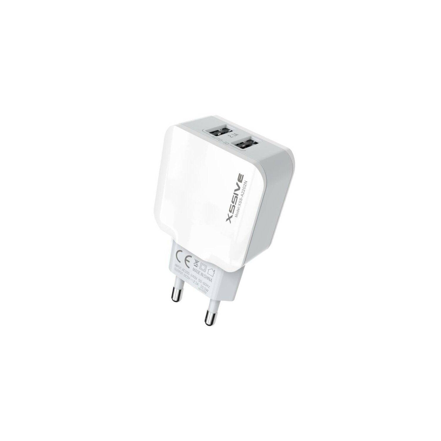 Weißes USB-Ladegerät mit zwei Anschlüssen und zwei Stiften.