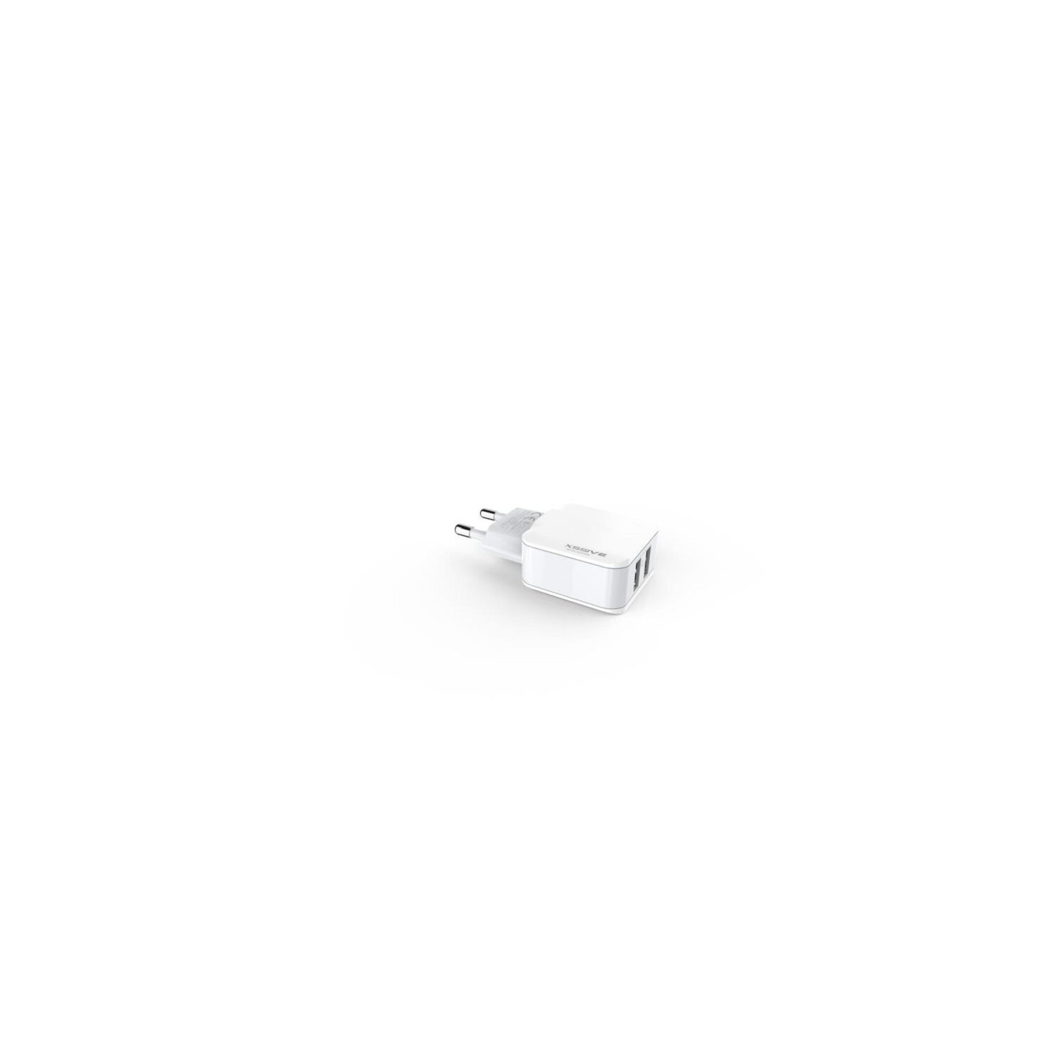 Weißes Ladegerät mit zwei USB-Anschlüssen. Der Hintergrund ist weiß.