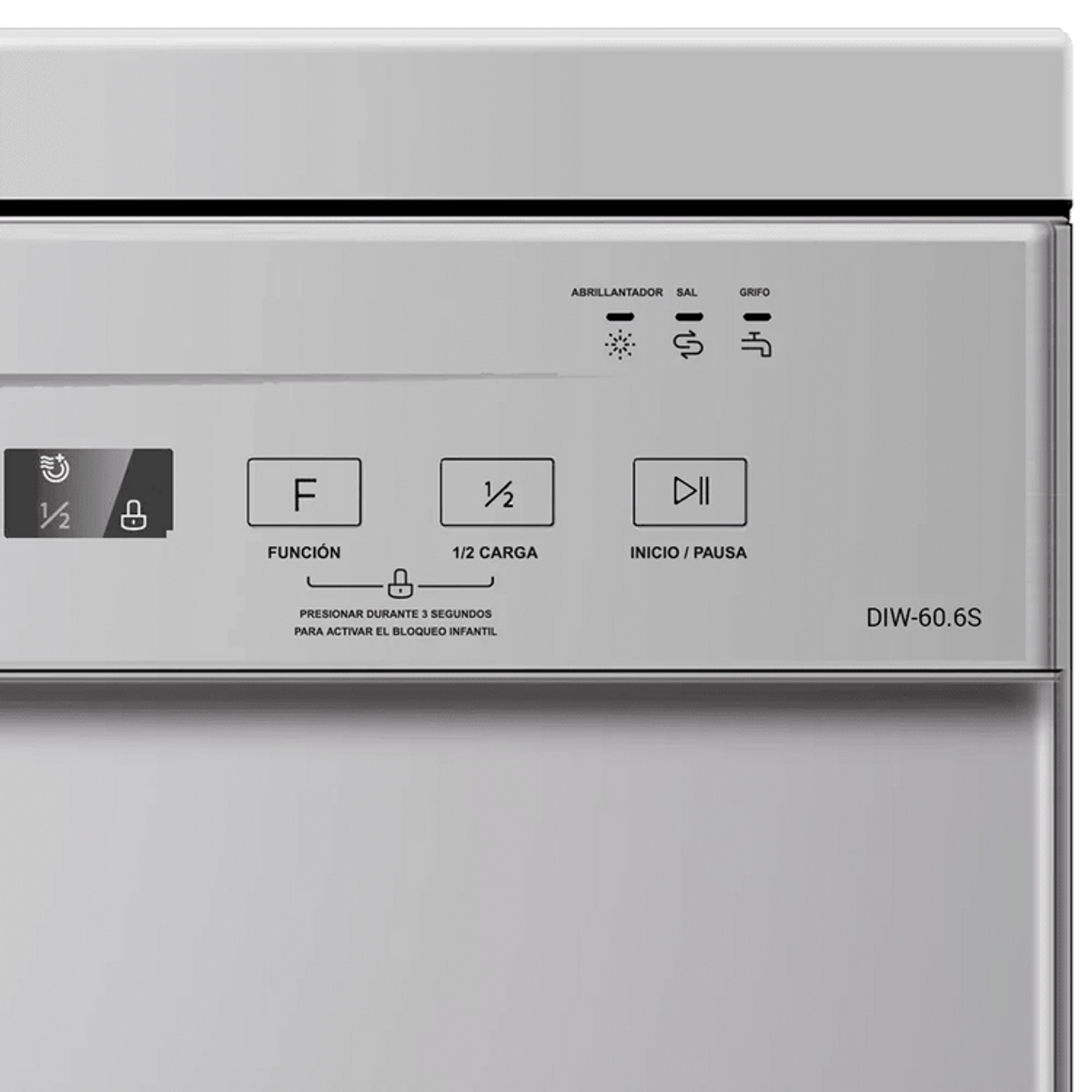 Panel de control del lavavajillas. Muestra botones y texto. Superficie gris. Símbolos de configuración.