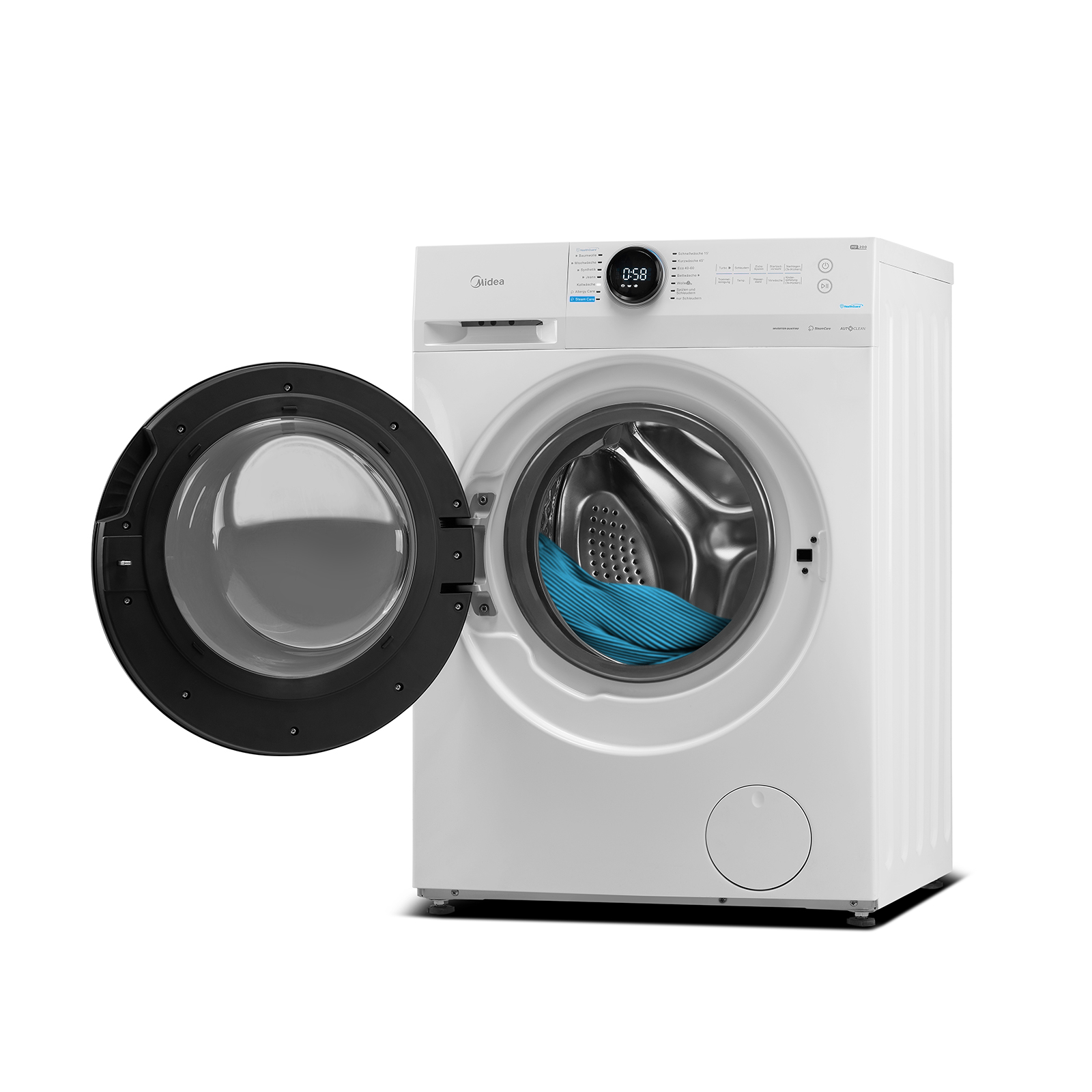 Lavadora blanca con puerta abierta, tela azul dentro, fondo blanco.