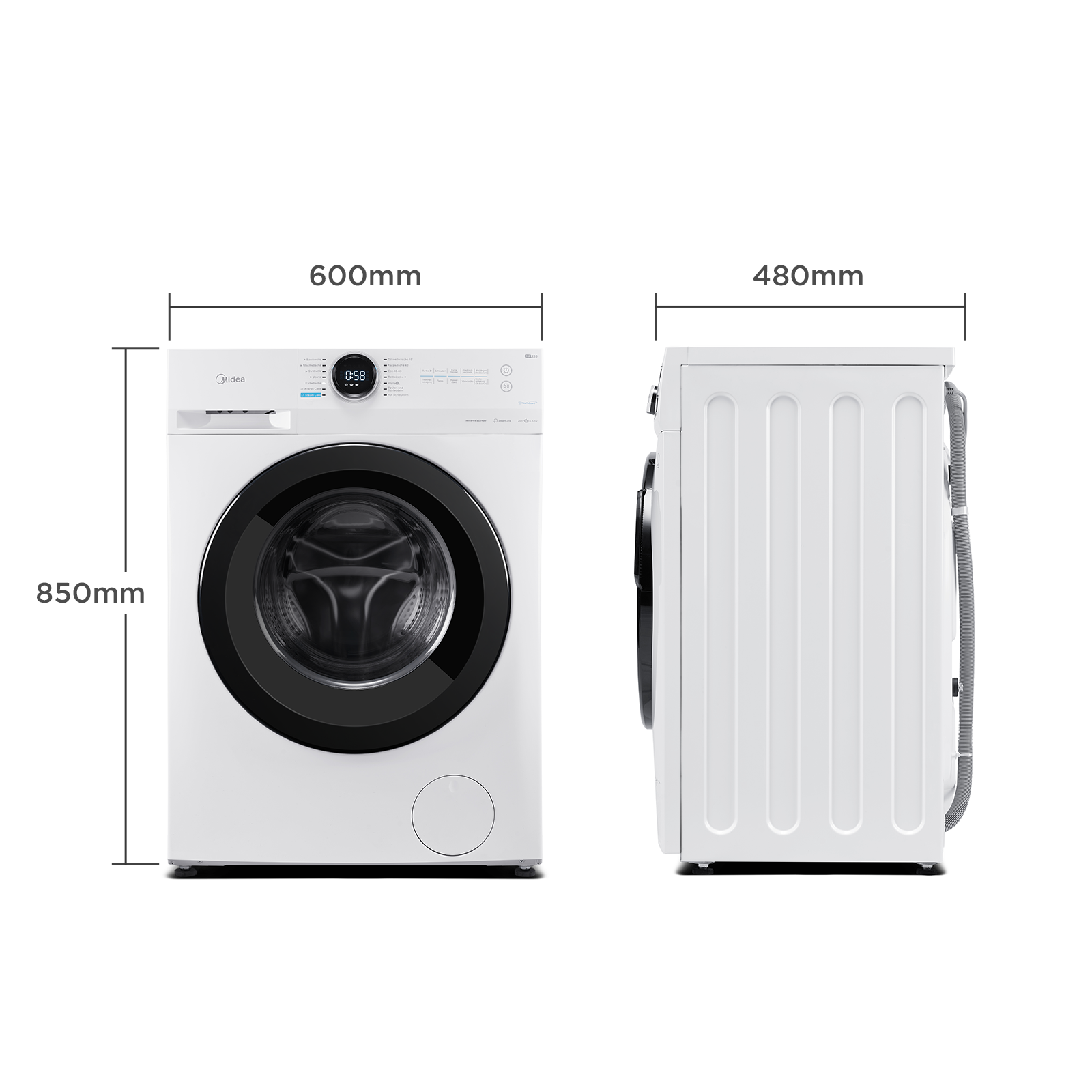Lavadora blanca con dimensiones: 850 mm alto, 600 mm ancho, 480 mm fondo. Pantalla y botones.
