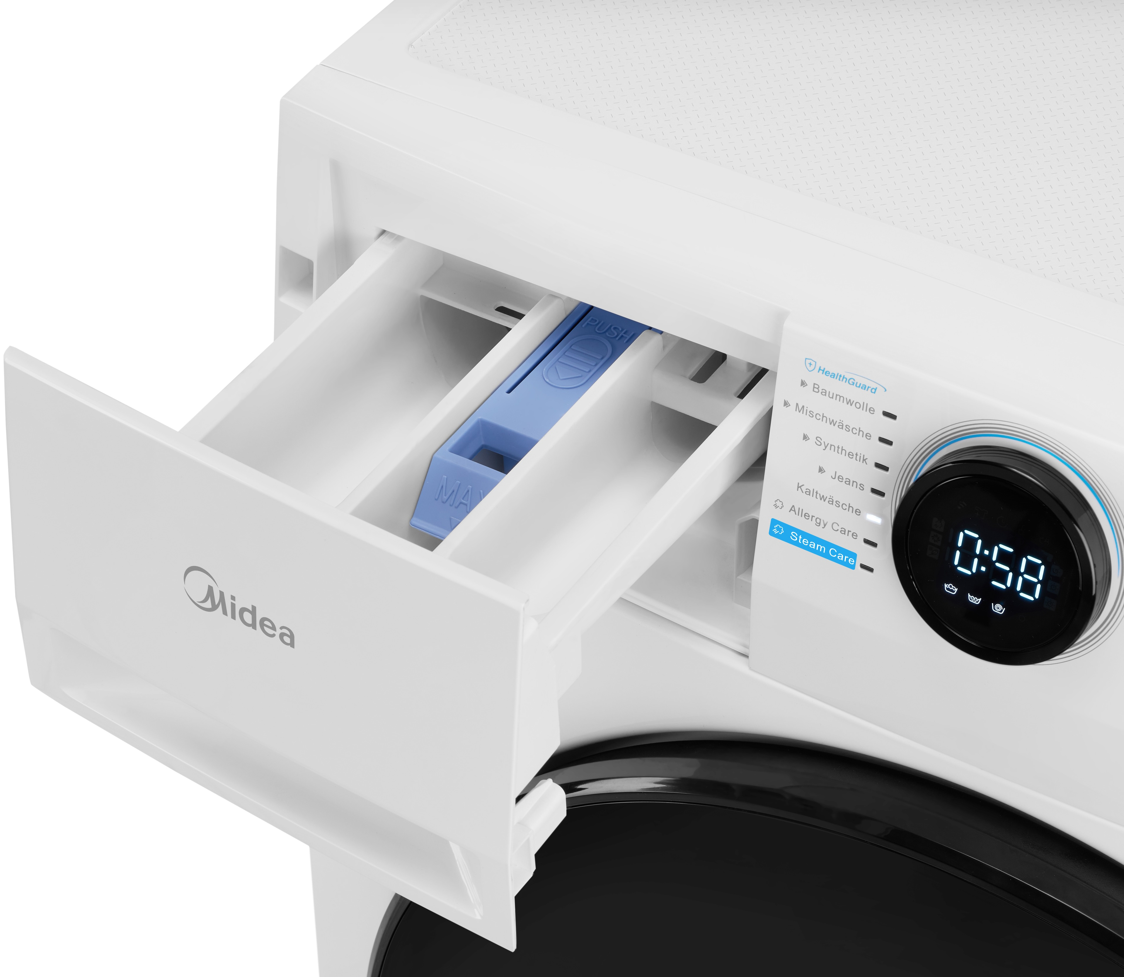 Bandeja blanca de lavadora con dispensador de detergente, pantalla digital y panel de control.