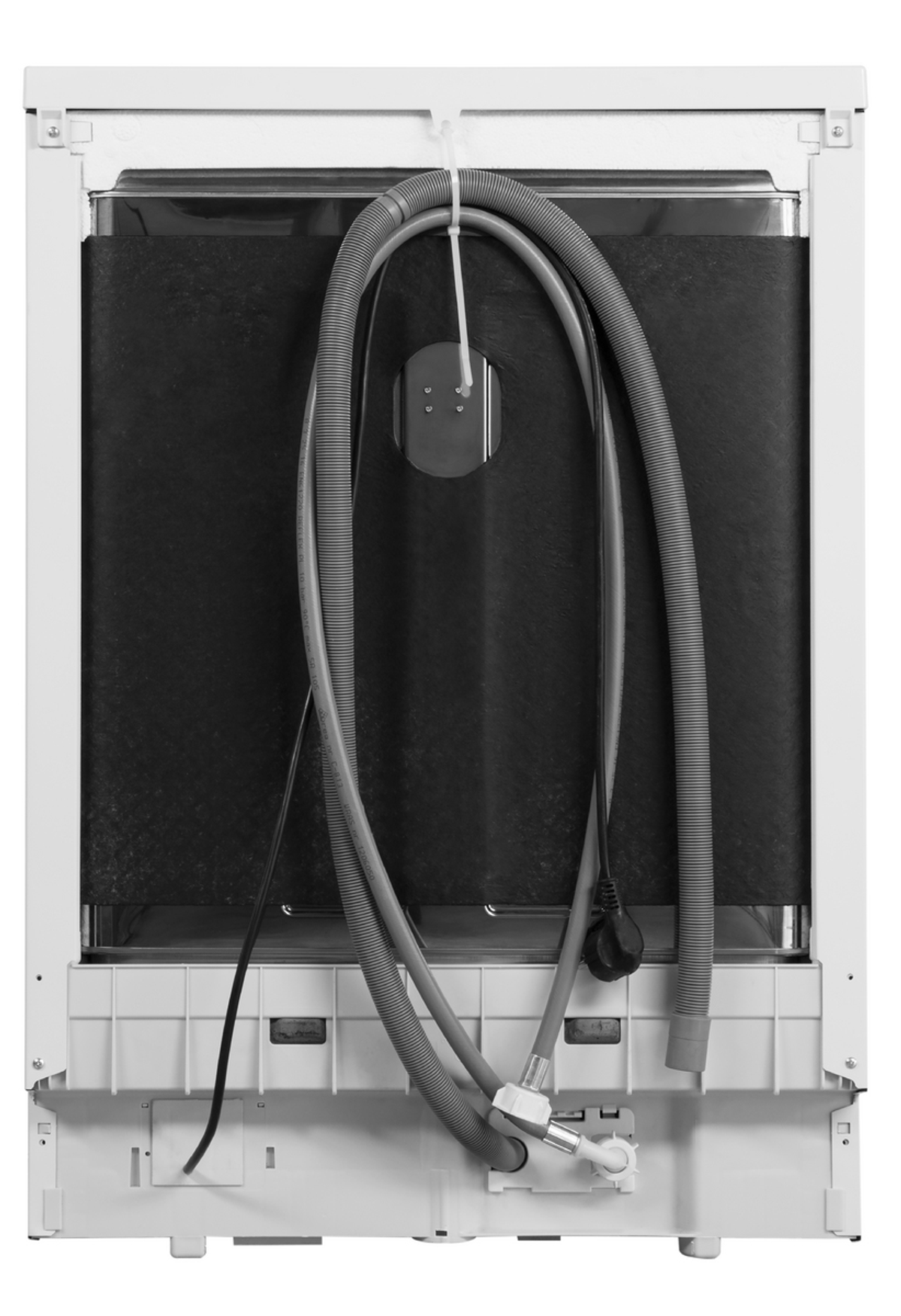 Parte trasera de un lavavajillas blanco con tubos y cables.