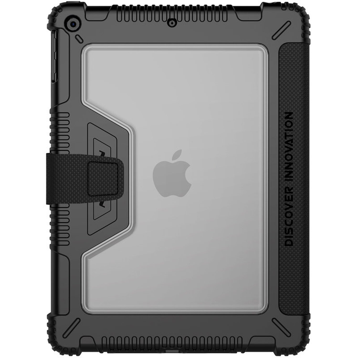 Schwarze Schutzhülle für ein iPad mit durchsichtigem Rücken, Apple-Logo sichtbar. Schwarzer Riemen.