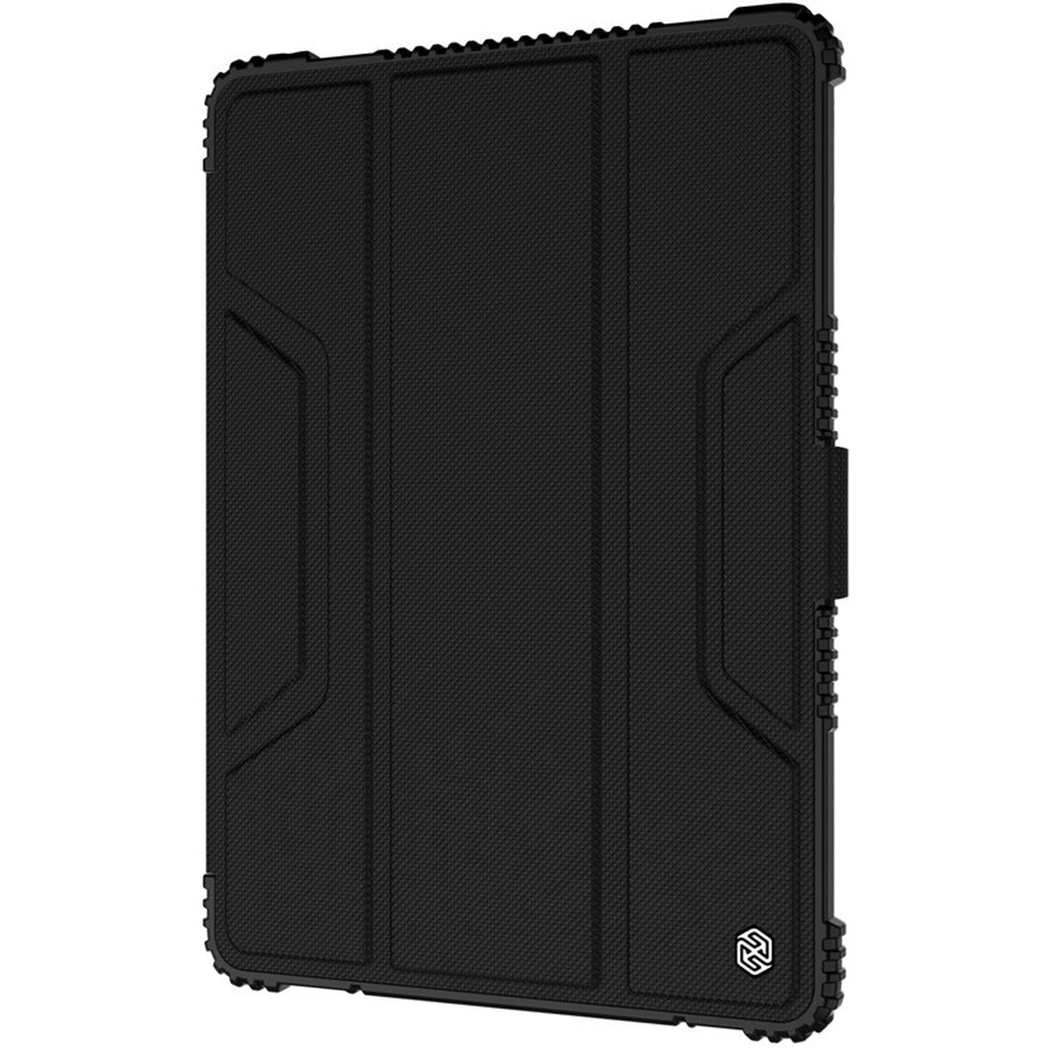 Schwarze Tablethülle mit strukturierter Oberfläche und sicherem Verschluss.
