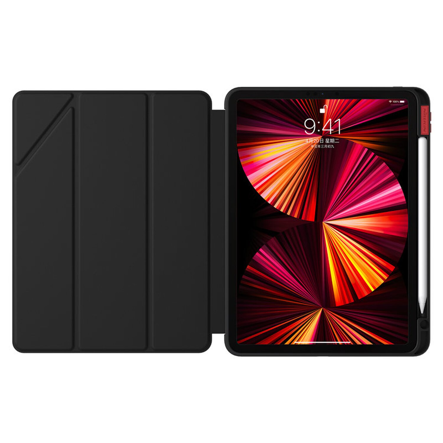 Schwarzes iPad mit geöffneter Hülle. Der Bildschirm zeigt bunte Grafiken. Ein weißer Stift sitzt im Halter.