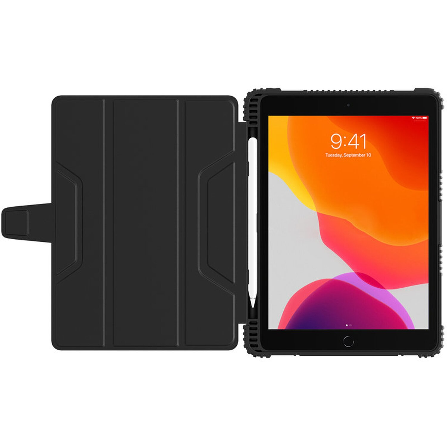 Schwarzes Tablet mit Hülle und Stift. Der Bildschirm zeigt ein orangefarbenes Hintergrundbild.
