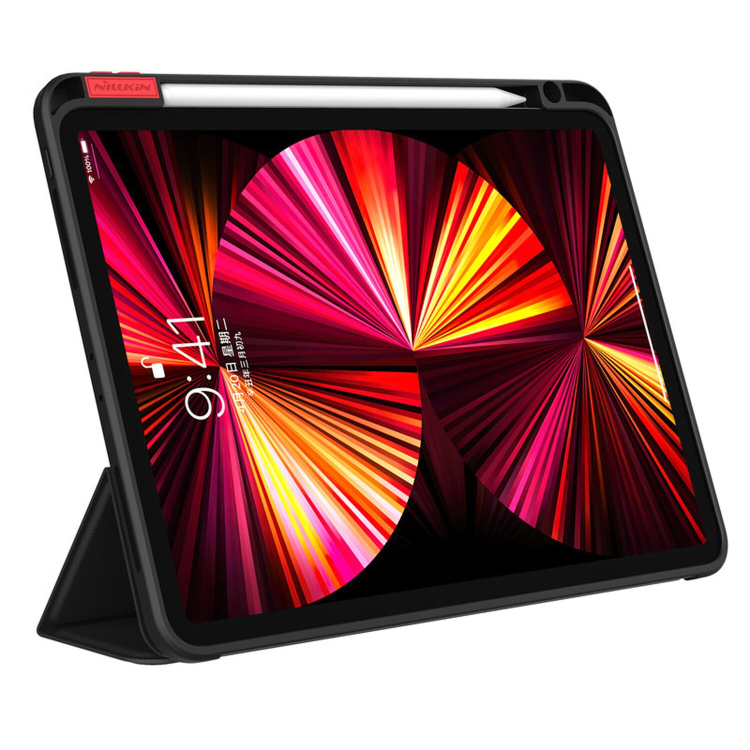 Ein iPad in einer schwarzen Hülle. Ein Stift ist angebracht. Der Bildschirm zeigt eine farbenfrohe Grafik.