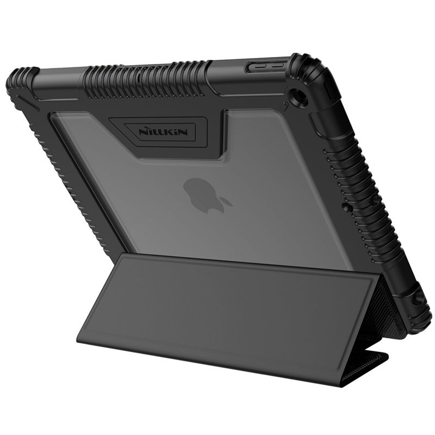 Schwarzes iPad in einer Schutzhülle mit Ständer.