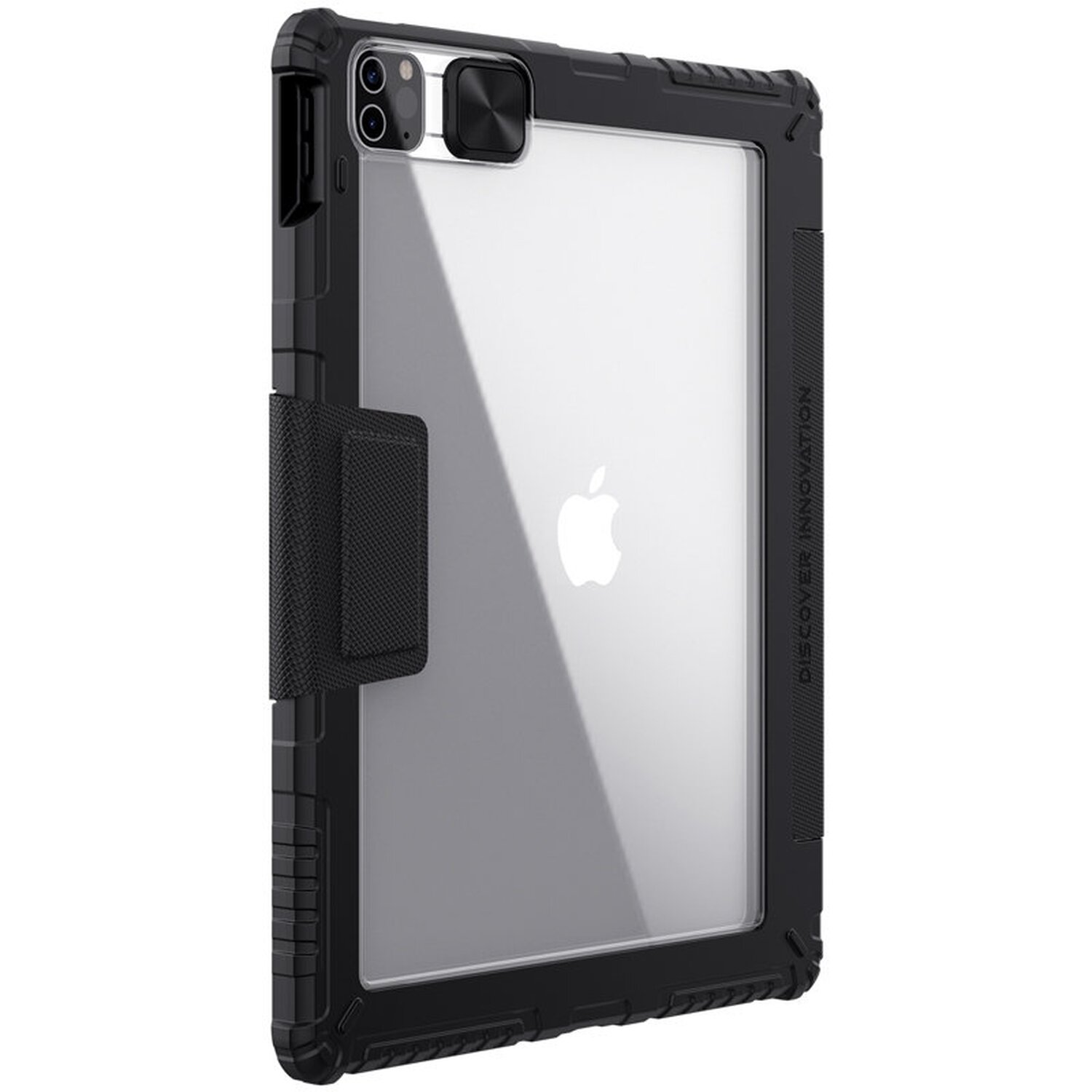 Funda protectora negra en un iPad con frontal transparente. Muestra el logo de Apple. Vista lateral.