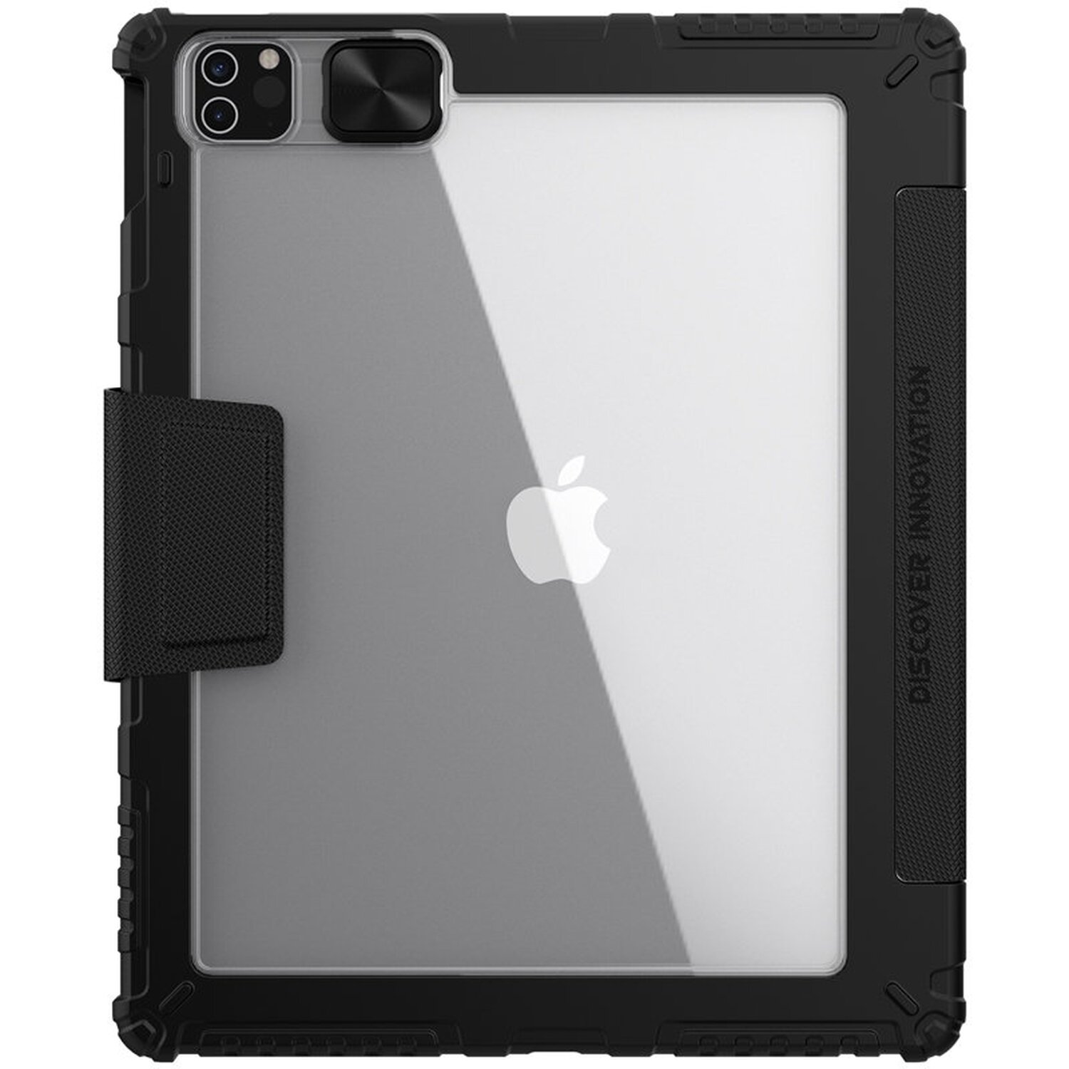 Una tableta en una funda negra y transparente con cubierta negra. Logotipo de Apple.