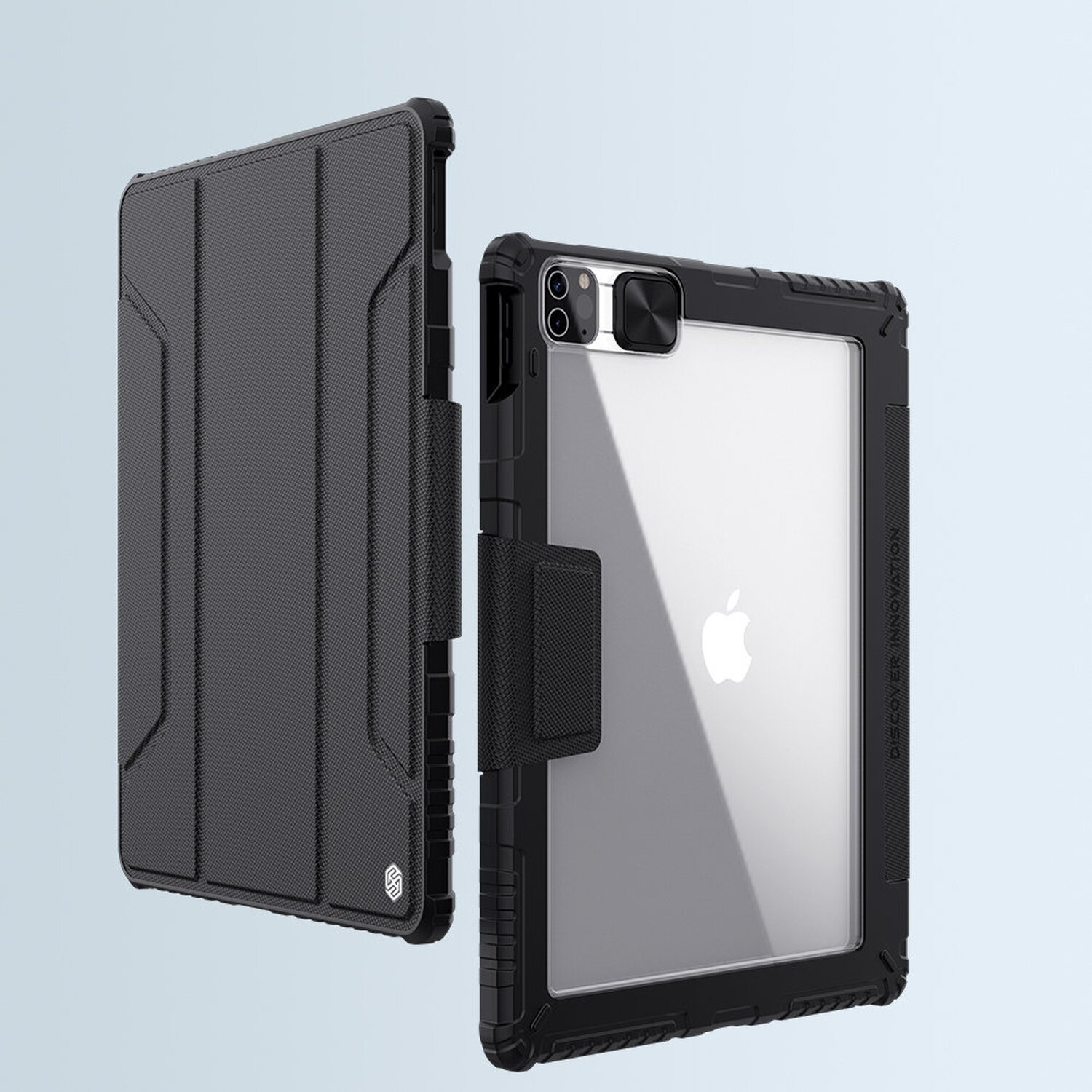Funda negra para tableta, abierta y cerrada, con una parte transparente y una solapa para cerrarla.
