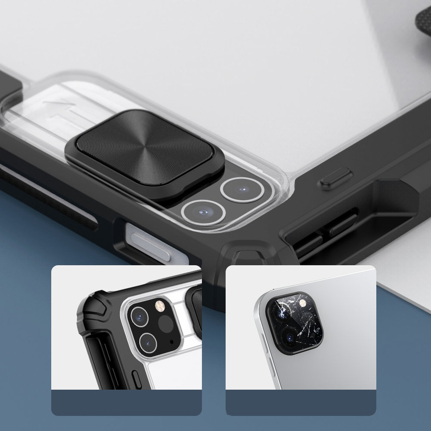 Primer plano de una funda de teléfono con soporte de anillo, detalles de cámara y protección de pantalla.