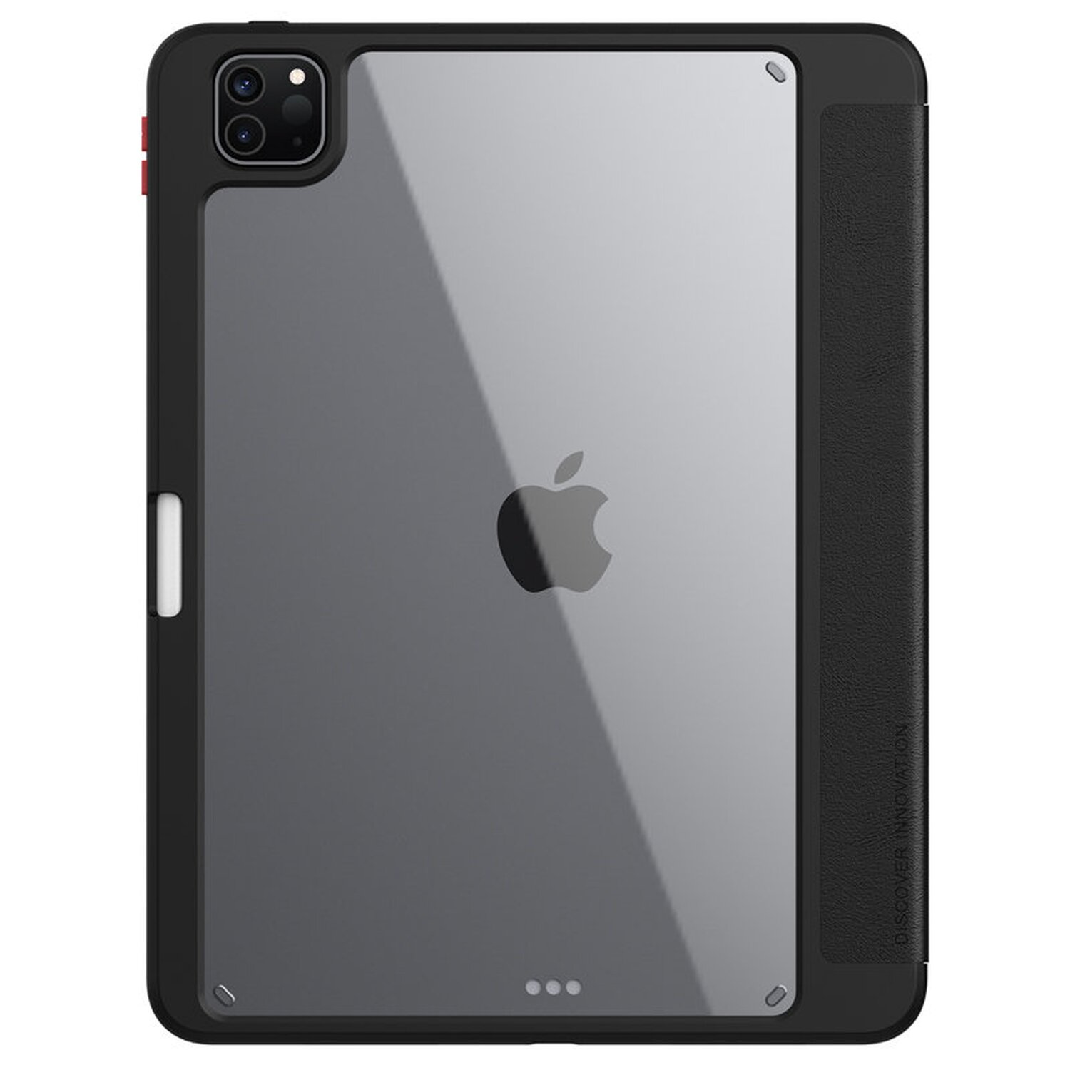 Ein Apple iPad in einer schwarzen Schutzhülle mit durchsichtigem Rücken.