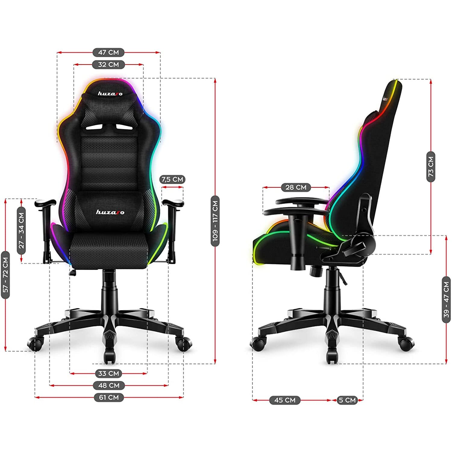 Krzesło gamingowe z wymiarami. Czarno-czerwone, światło RGB.