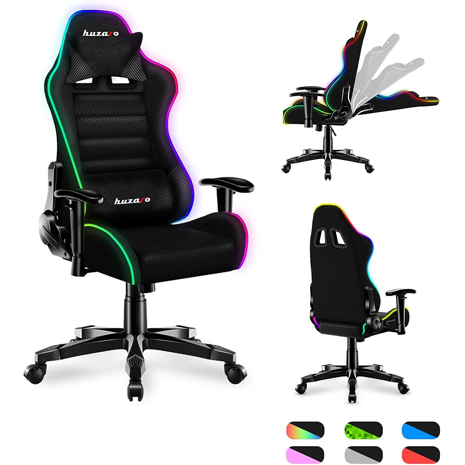 Czarny fotel gamingowy z podświetleniem RGB. Obrazy pokazują różne widoki i opcje regulacji.