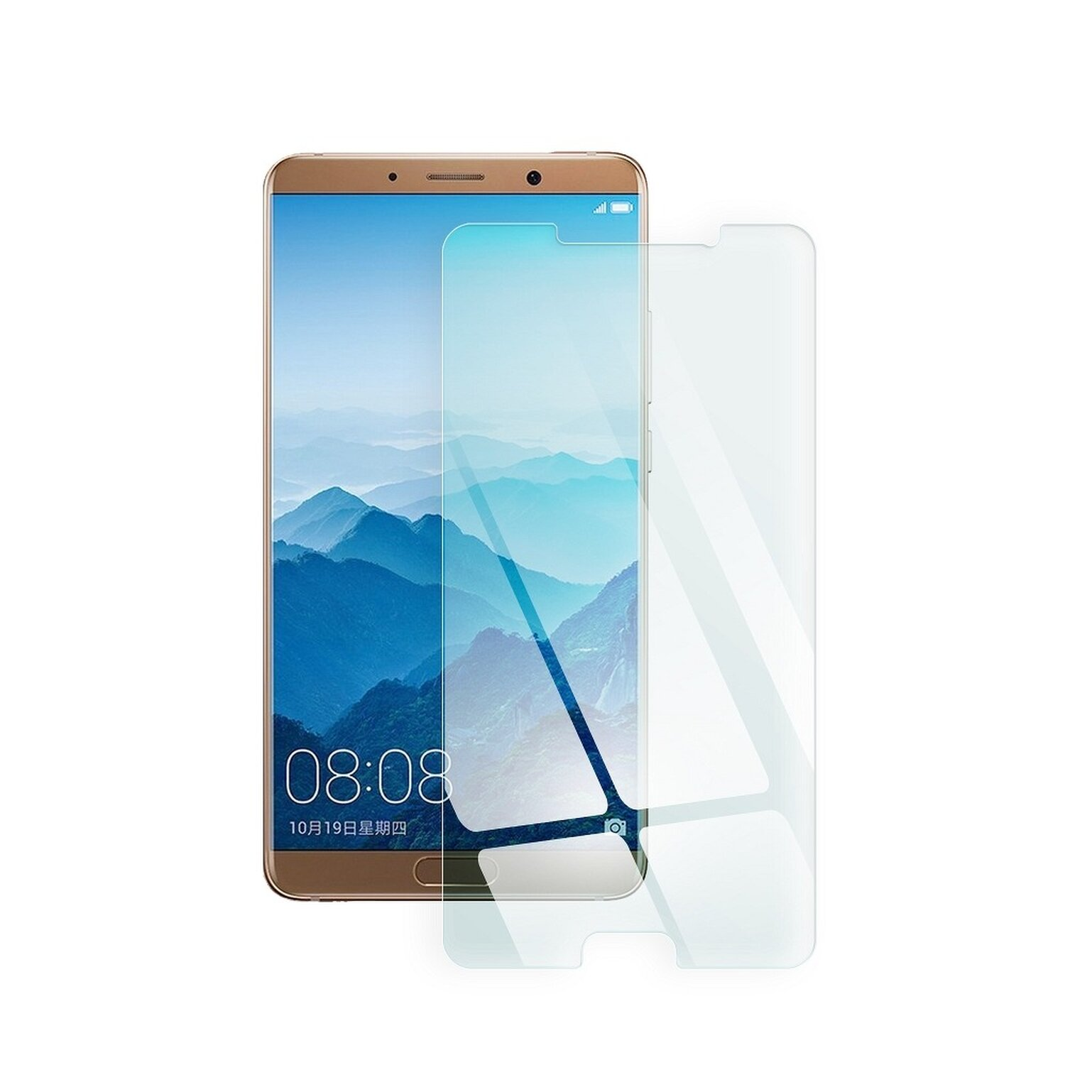 Goldenes Smartphone mit Displayschutz. Das Telefon zeigt einen Bildschirm mit Berg- und Seeblick.