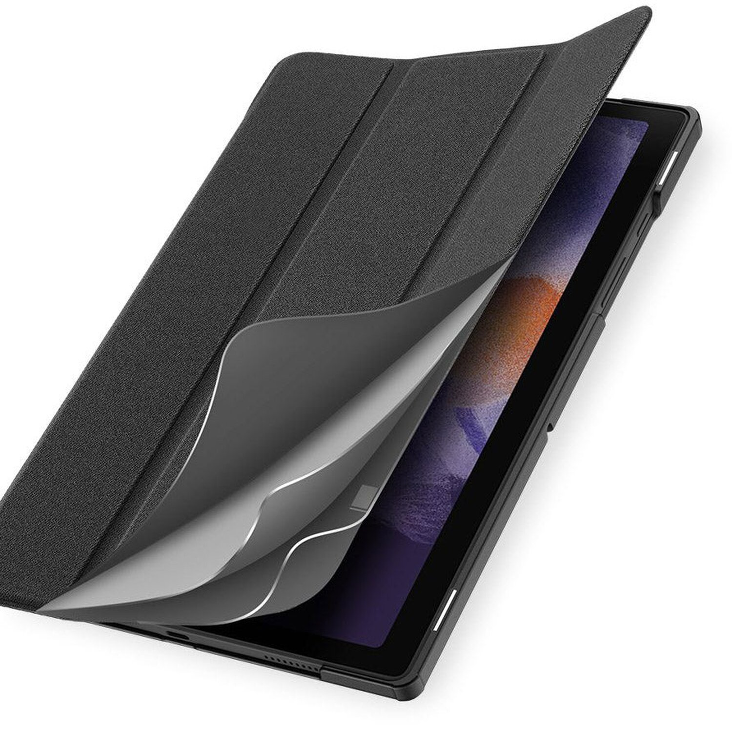 Tablet mit schwarzem Cover, das teilweise geöffnet ist und den Bildschirm freigibt.