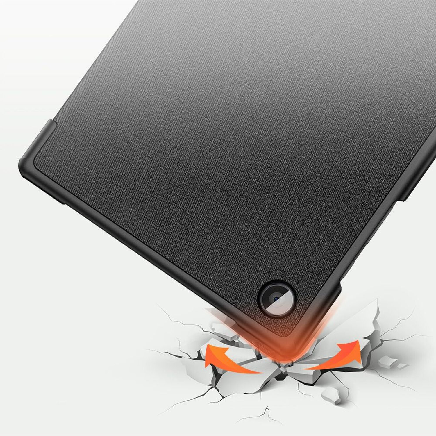 Eine schwarze Tablethülle, deren Ecke getroffen wird und Risse sowie orangefarbene Pfeile zeigt.