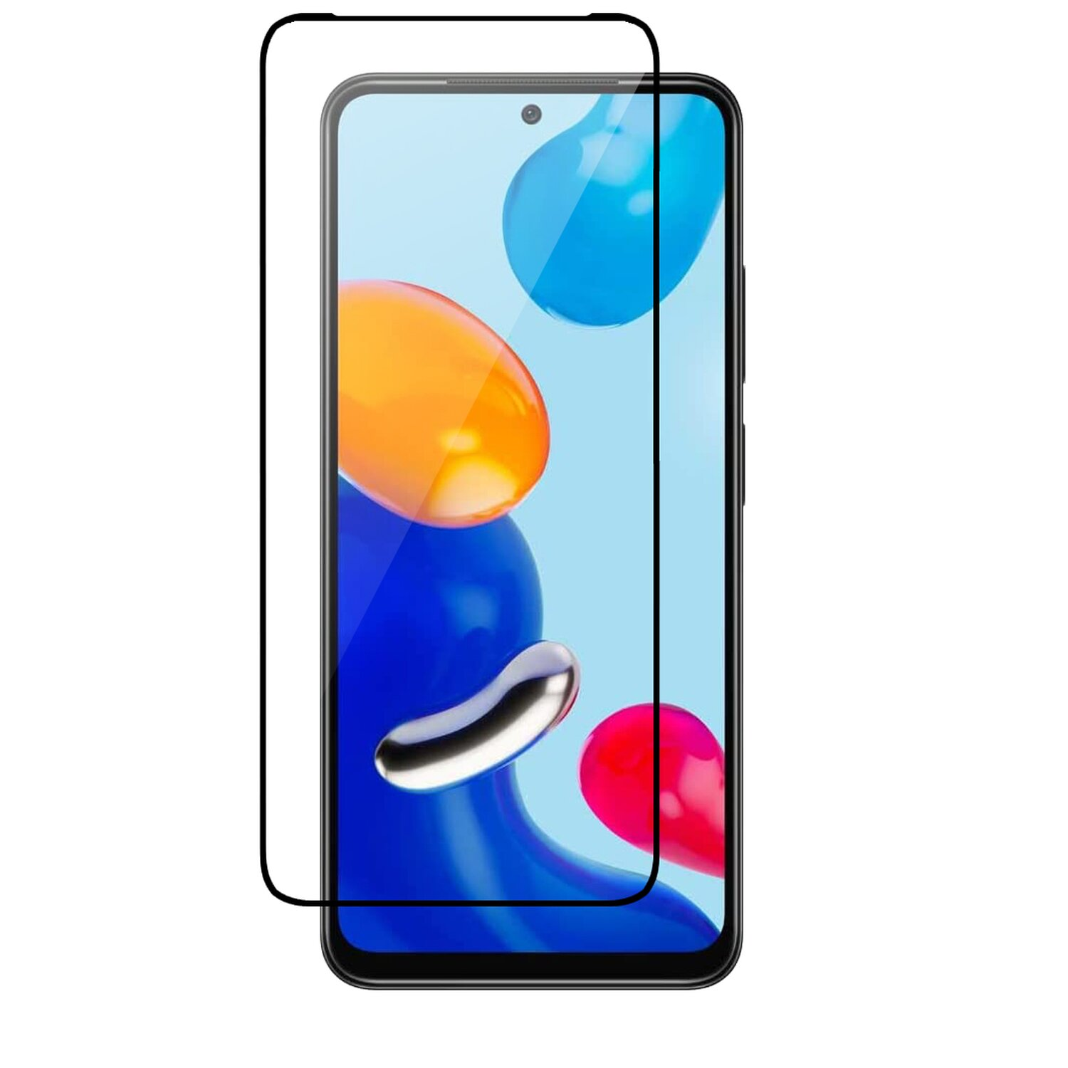Smartphone-Displayschutz auf einem Telefon. Zeigt Farben und Blasen. Schwarzer Rahmen.
