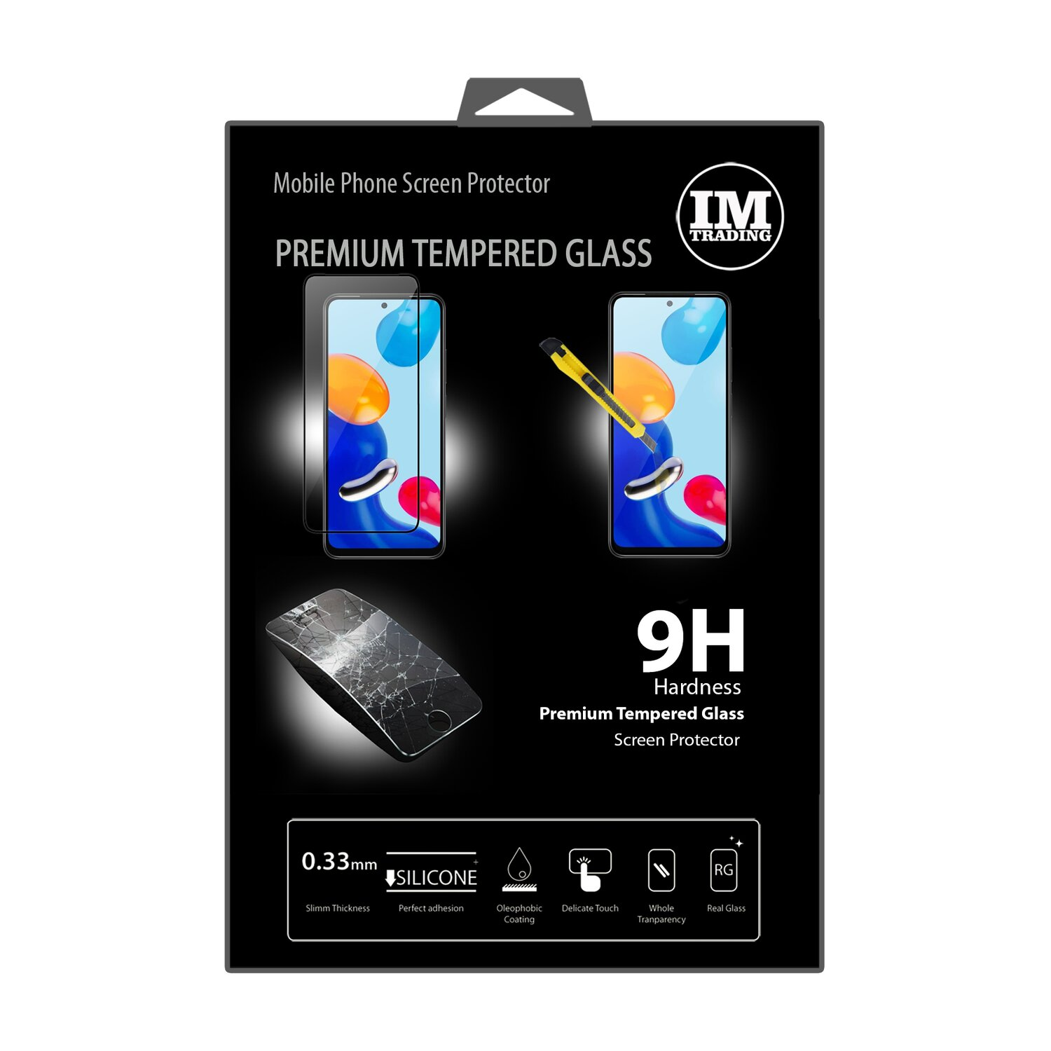 Verpackung für Displayschutzfolie für Mobiltelefone. Zeigt ein Telefon mit dem Schutz.