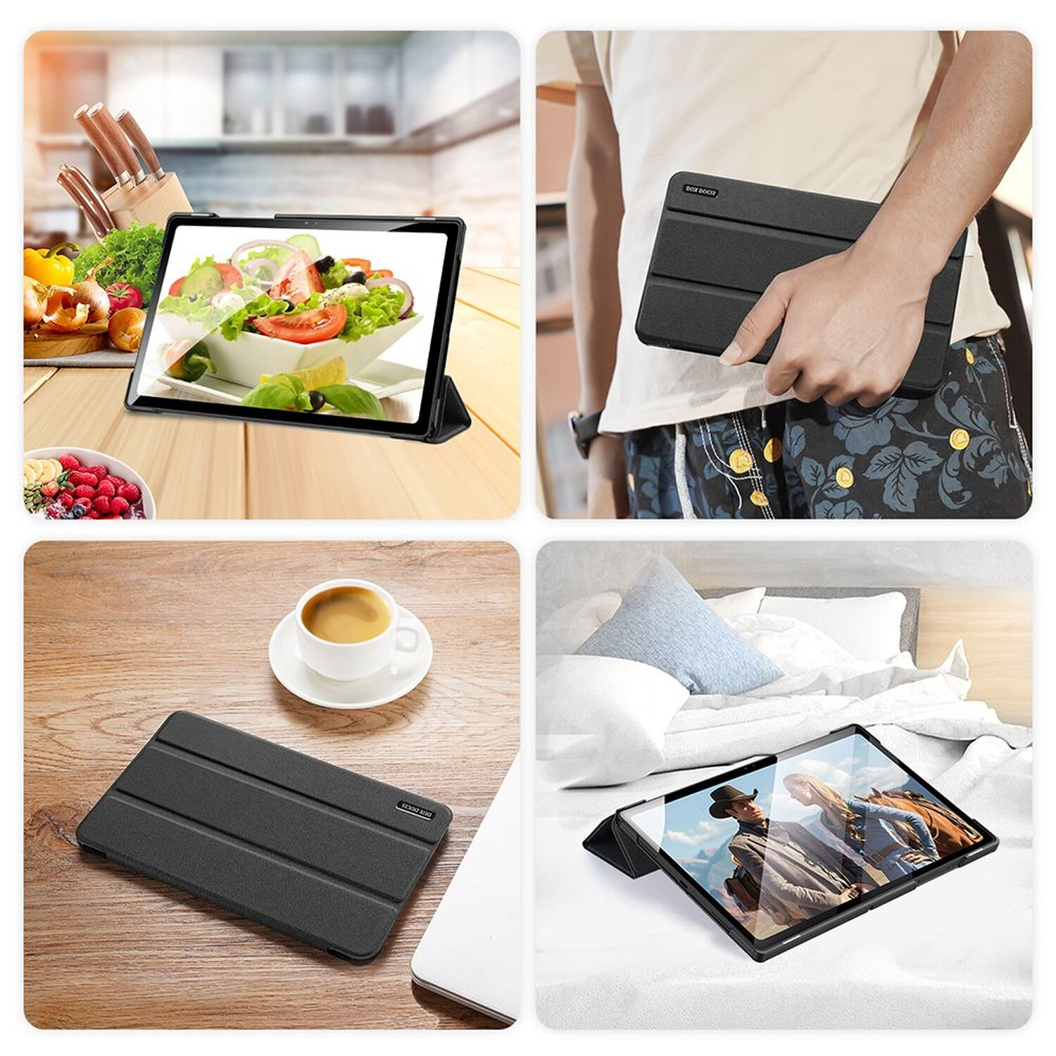 Vier Bilder: ein Tablet mit Essen auf dem Bildschirm, ein Mann, der ein Tablet hält, eine Tablethülle und eine Tasse Kaffee.