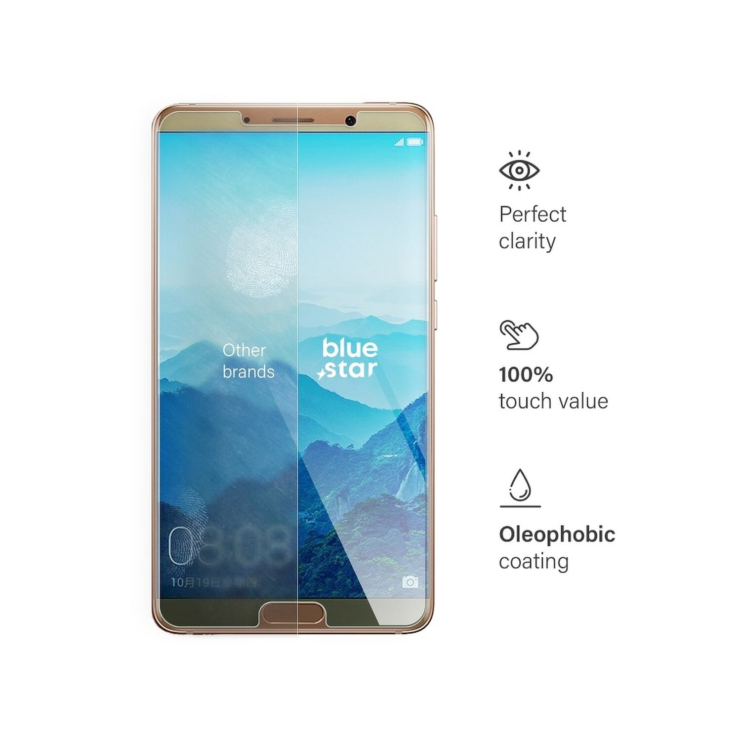 Goldenes Telefon mit Displayschutz, mit Symbolen und Text rechts.
