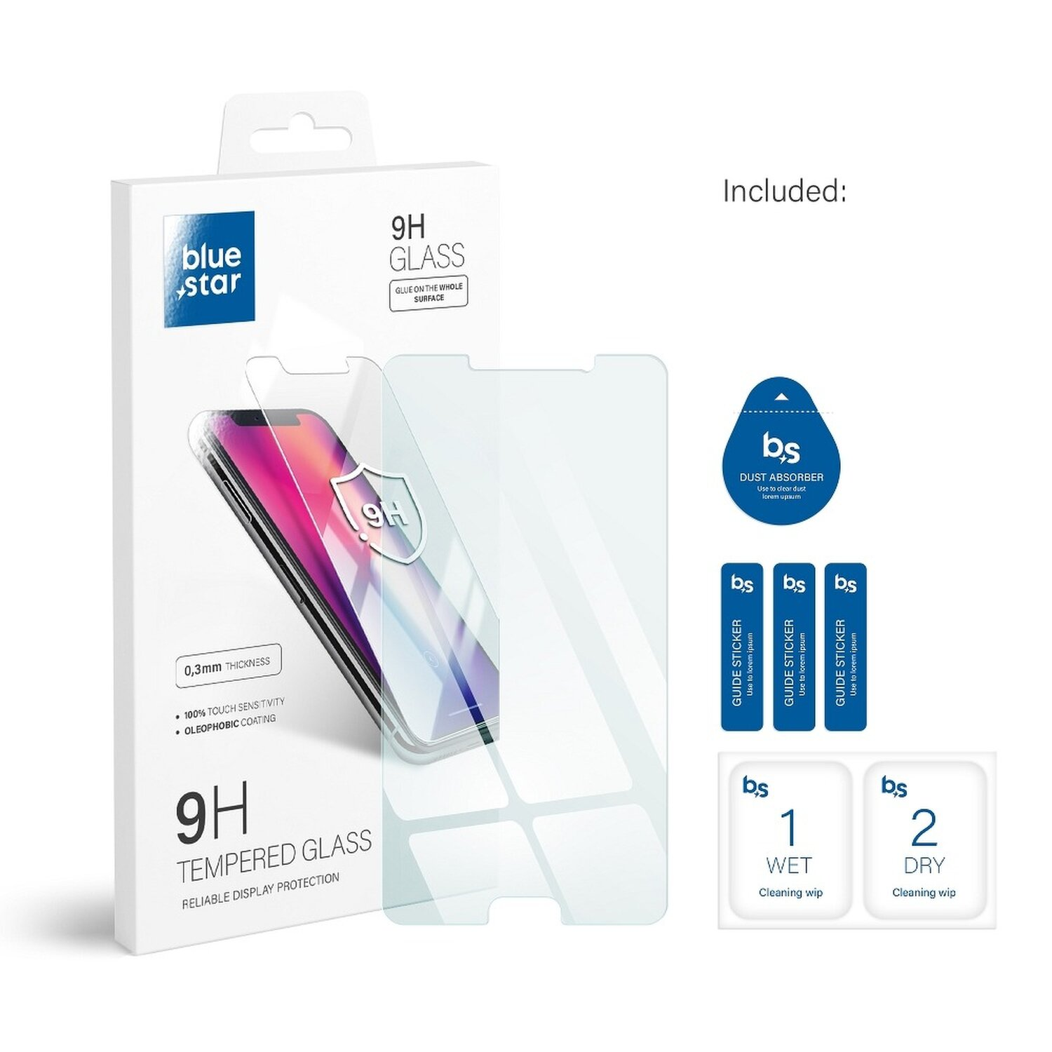 Schachtel mit Displayschutz und Zubehör für ein Telefon.