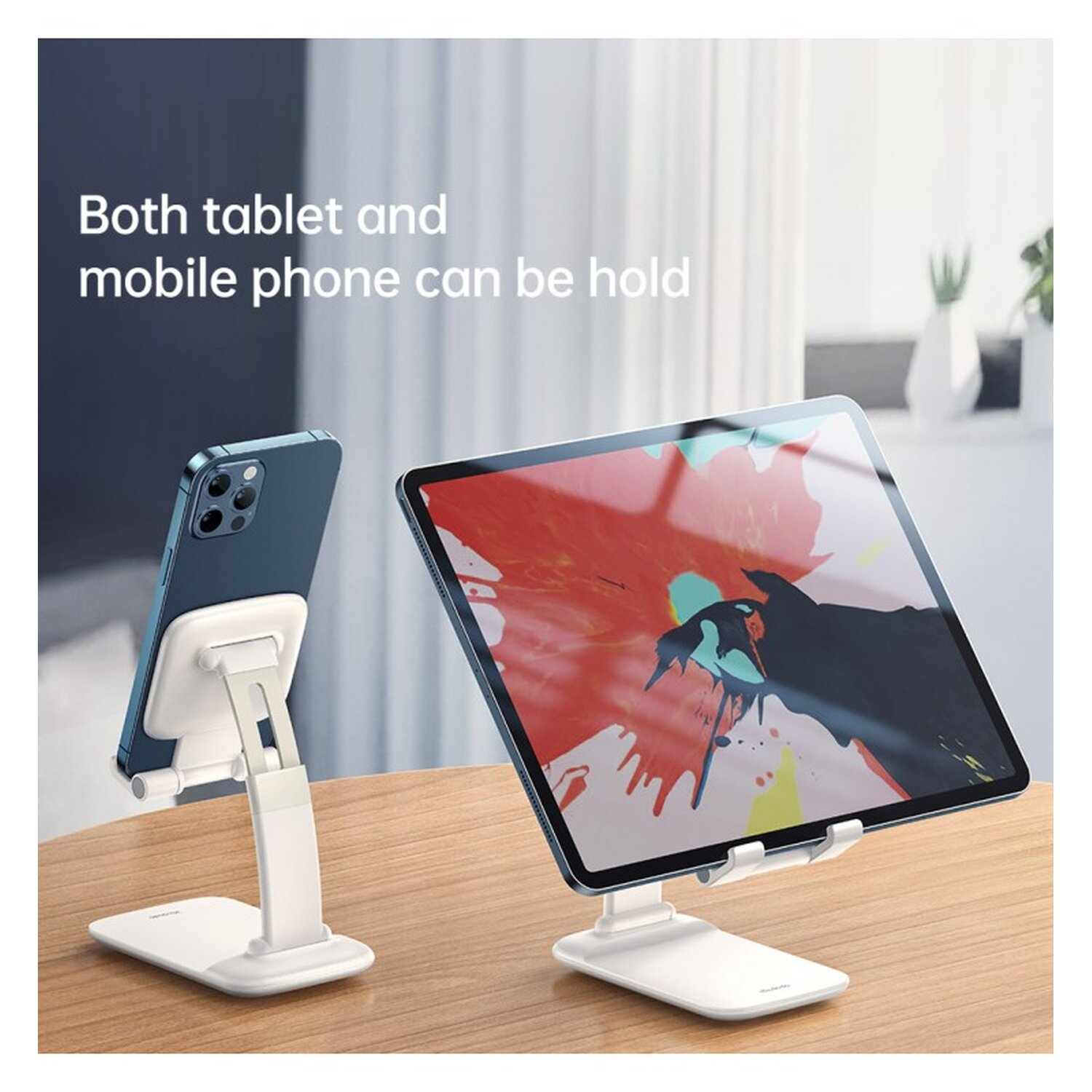 Ein Tablet und ein Telefon auf separaten Ständern, mit Text, dass beide gehalten werden können.