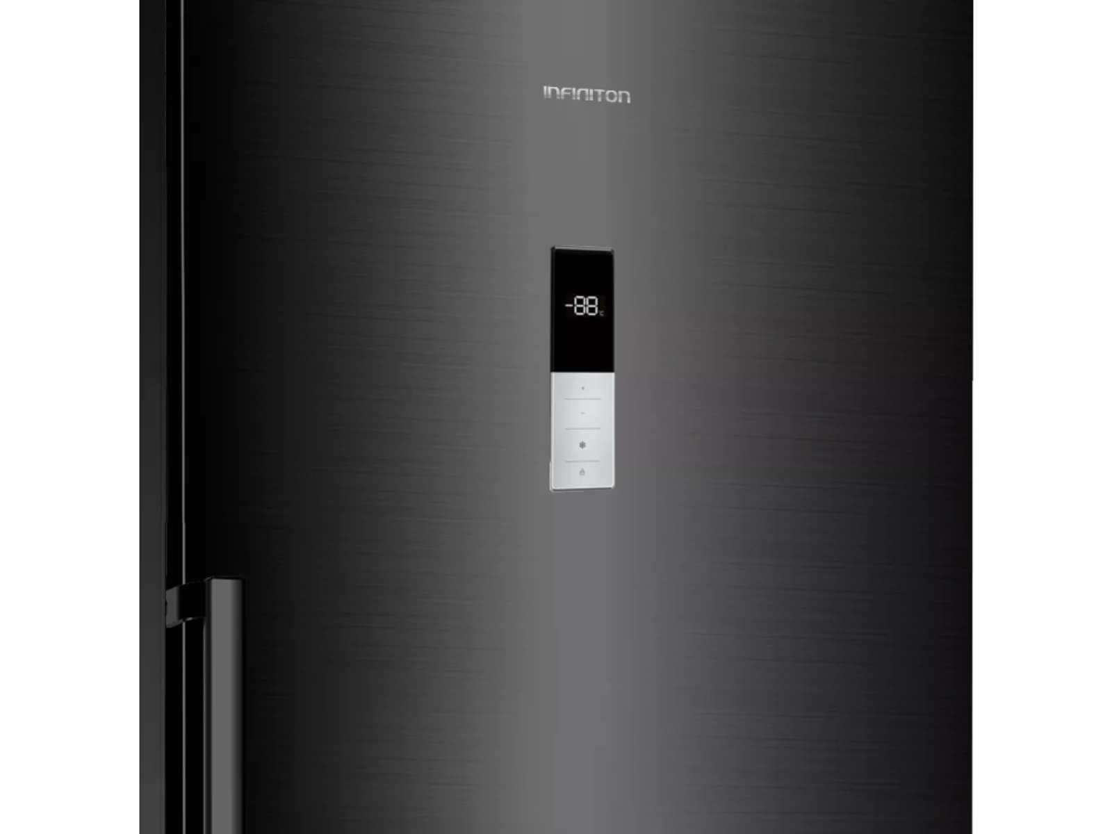 Refrigerador negro con pantalla digital mostrando -88. Manija plateada.