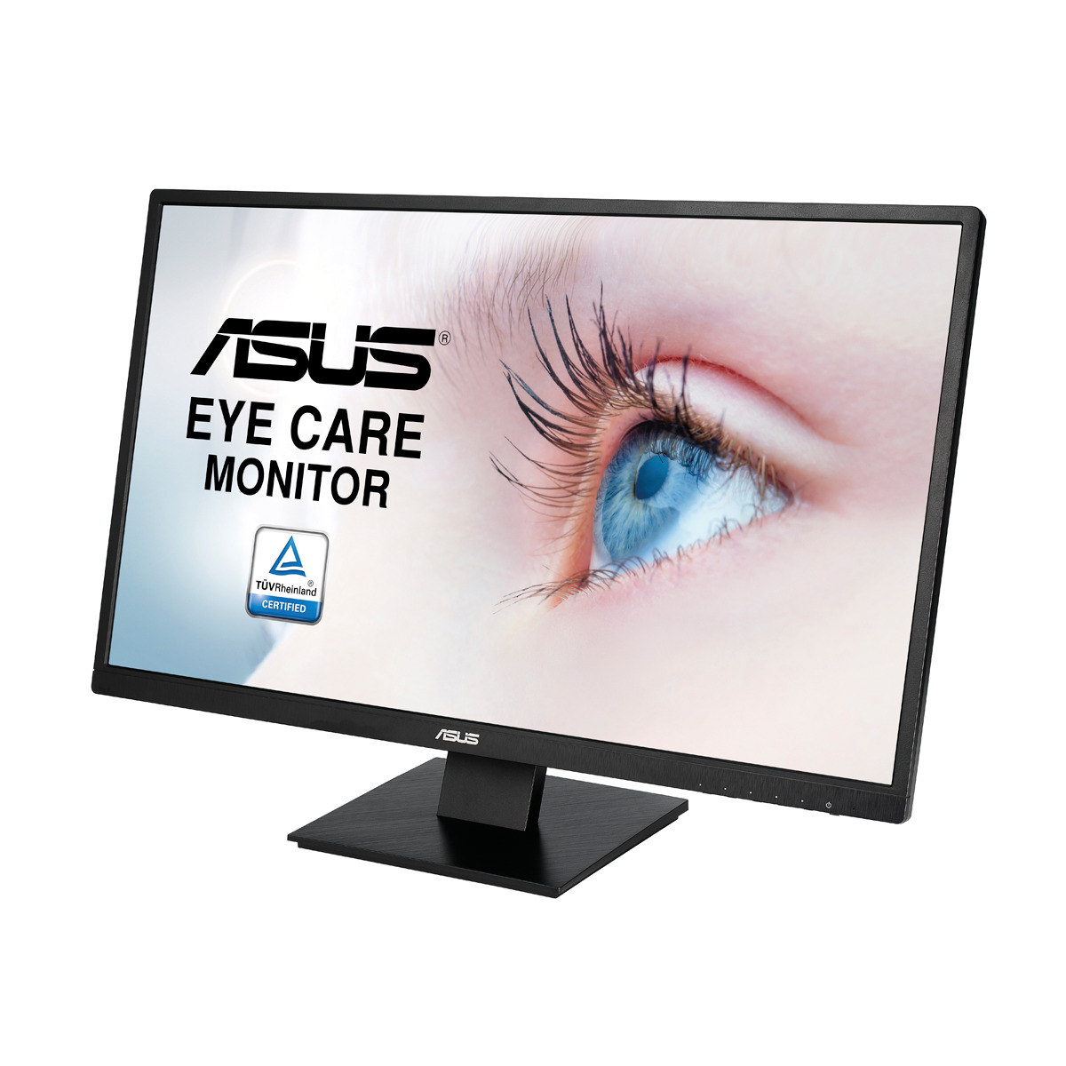 Monitor ASUS Eye Care, zbliżenie niebieskiego oka, z marką i certyfikatami.