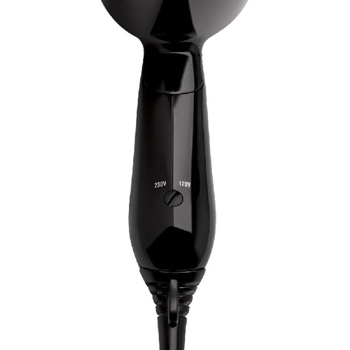 Czarny uchwyt suszarki do włosów z ustawieniami napięcia: '230V' i '120V'.