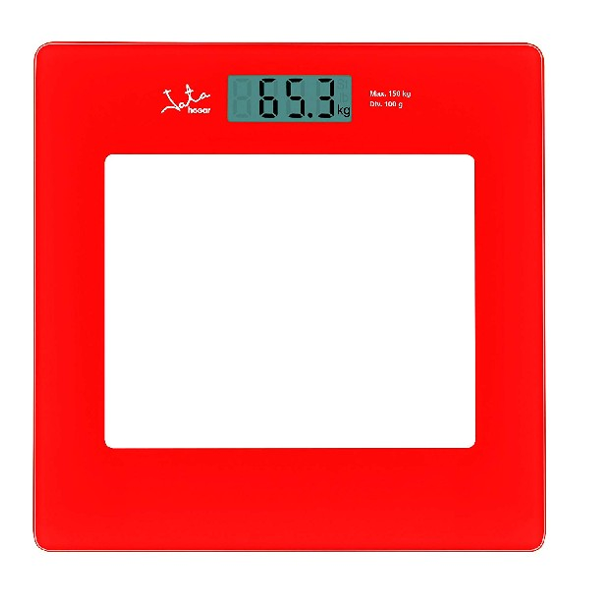 Báscula de baño digital roja con un cuadrado blanco para los pies.