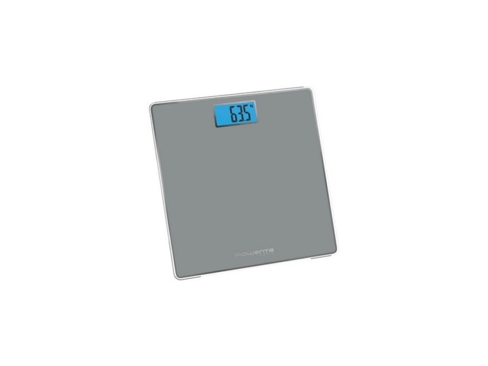 Una báscula digital gris de baño muestra 63.5, con una pantalla digital azul.