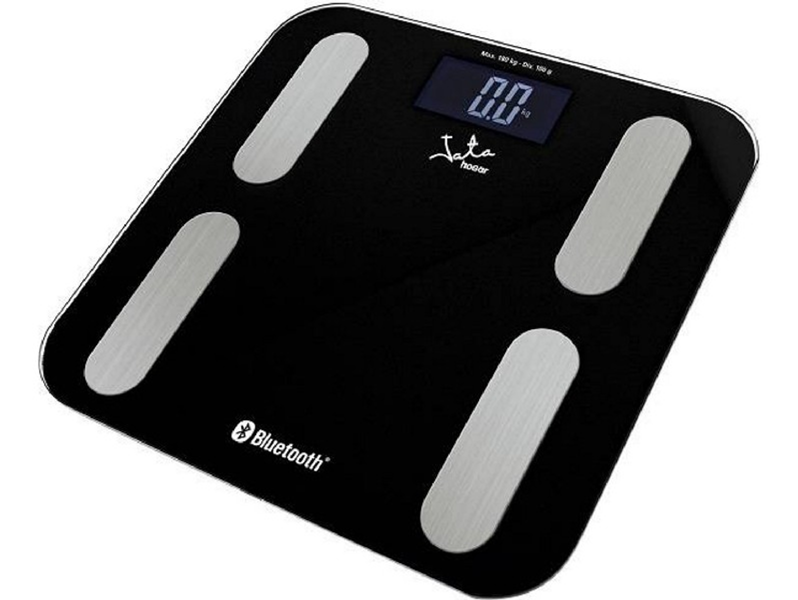 Báscula digital negra. Se ven almohadillas plateadas. La pantalla muestra 0,0 kg.