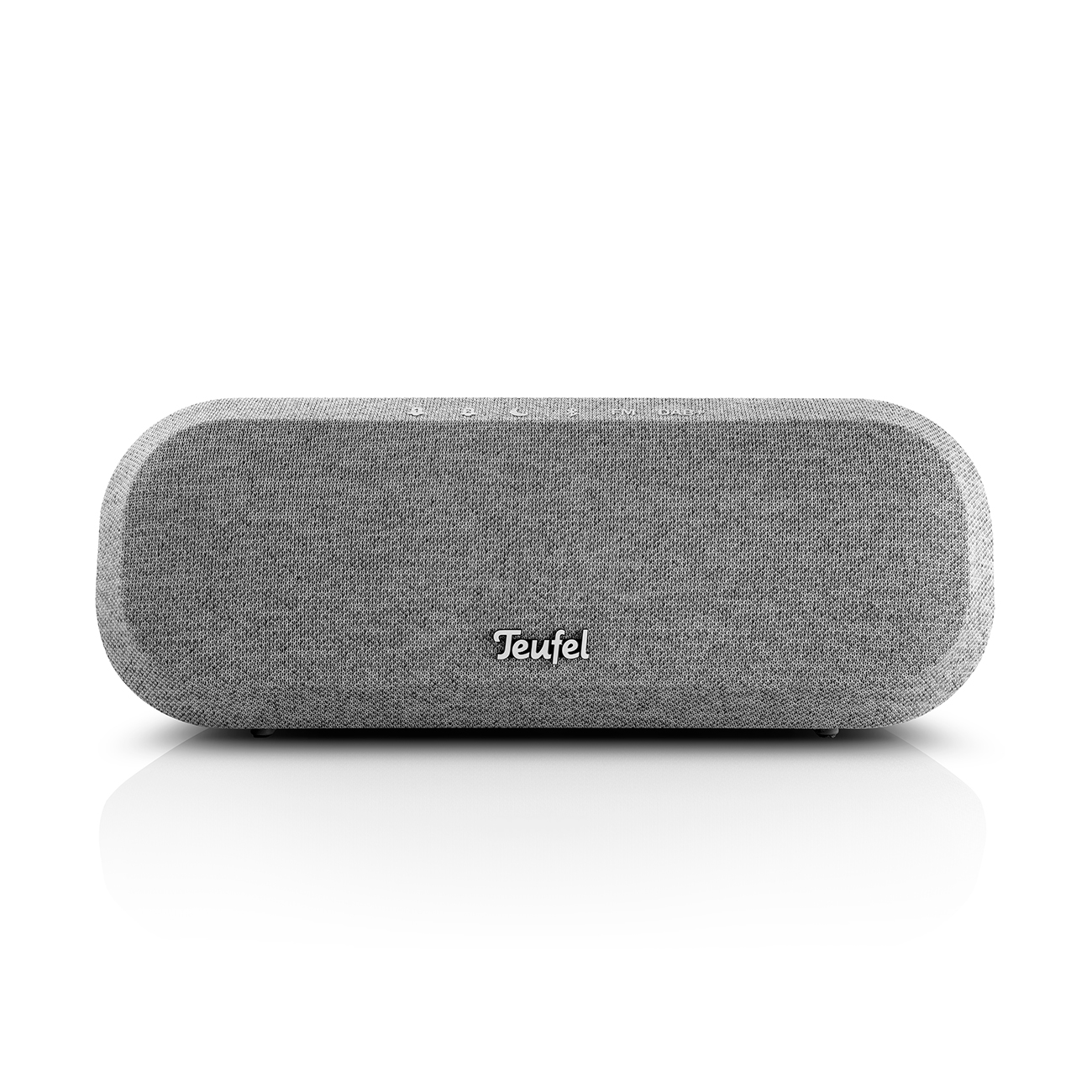 A gray, rectangular speaker with the Teufel logo in white. The speaker is on a white surface.