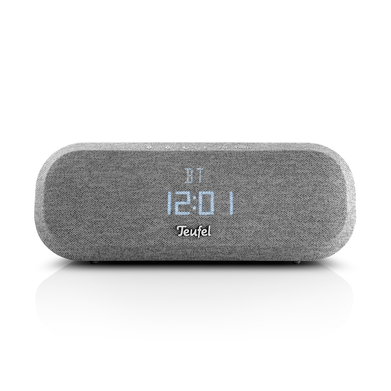 A grey Teufel speaker with a digital clock display, set against a white background.