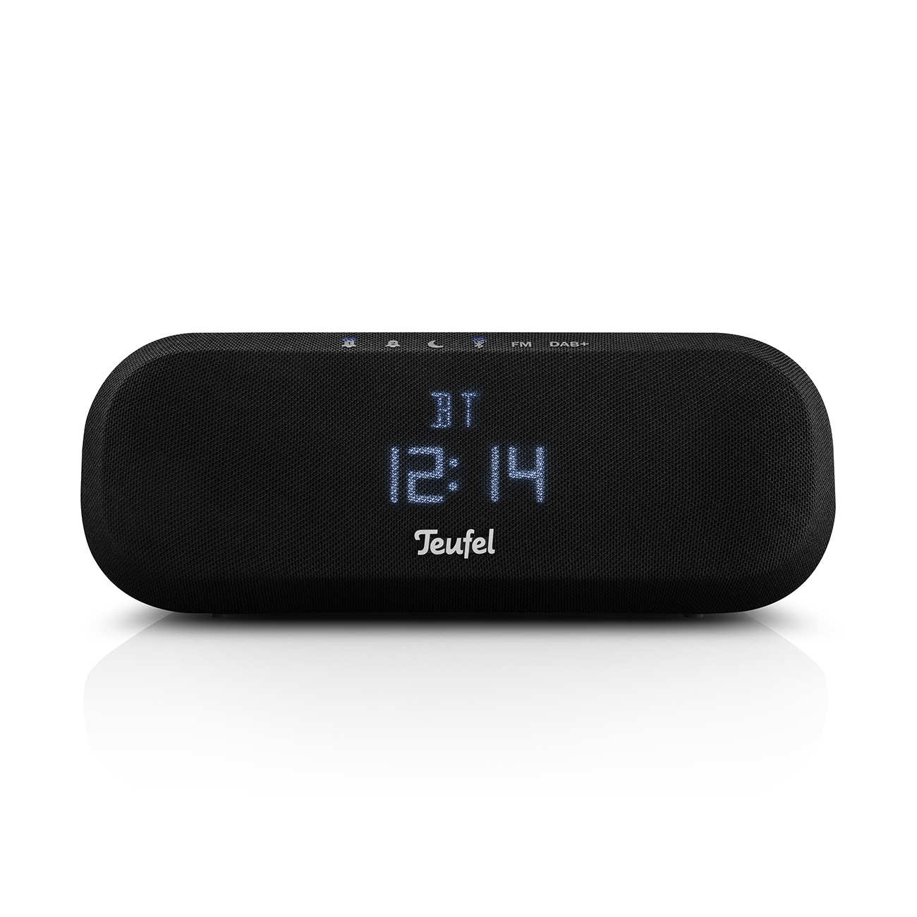 Black stereo speaker showing time. The brand name Teufel is visible.