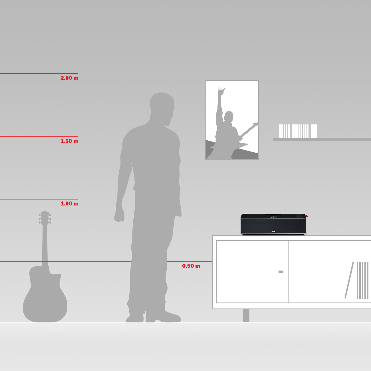 Eine Männersilhouette steht in der Nähe einer Gitarre und eines Lautsprechers.