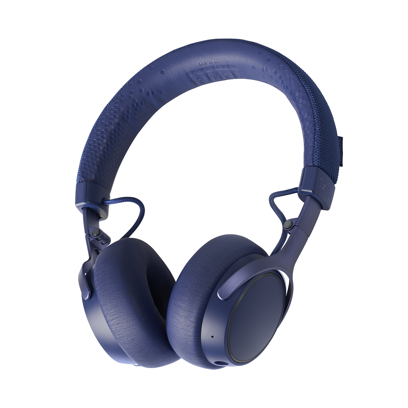Auriculares azules sobre fondo blanco. Los auriculares son supraaurales con diadema acolchada.
