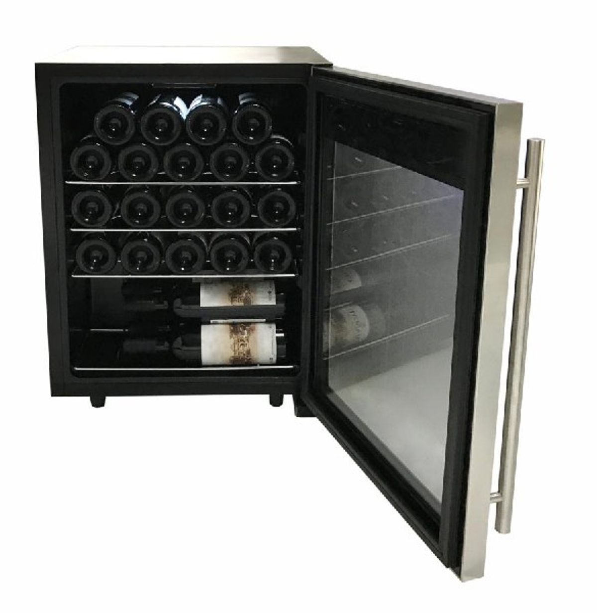 Enfriador de vino con puerta de cristal abierta, mostrando botellas de vino.
