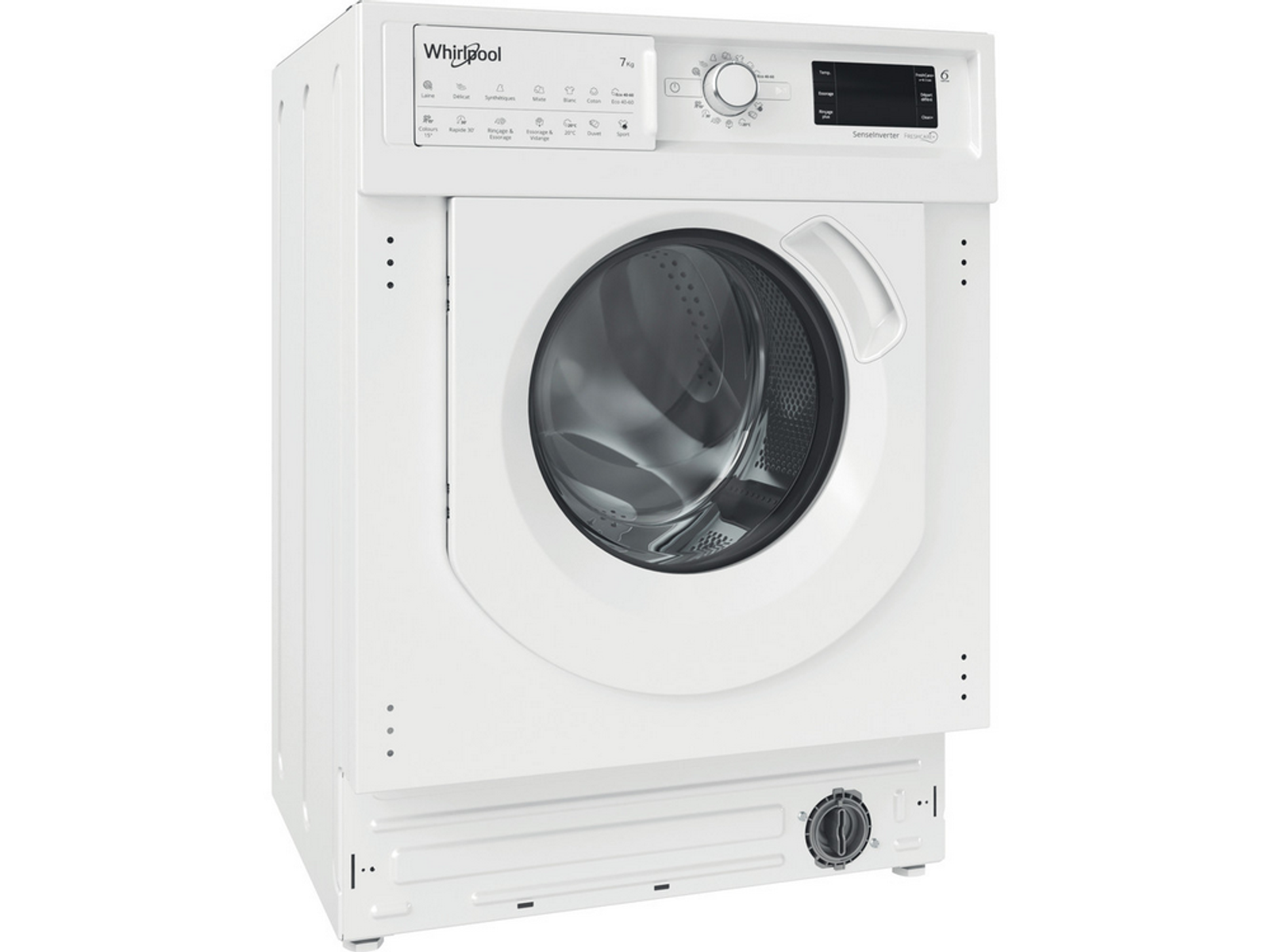 Secadora Whirlpool blanca. Vista frontal, puerta abierta. Panel de control visible en la parte superior.