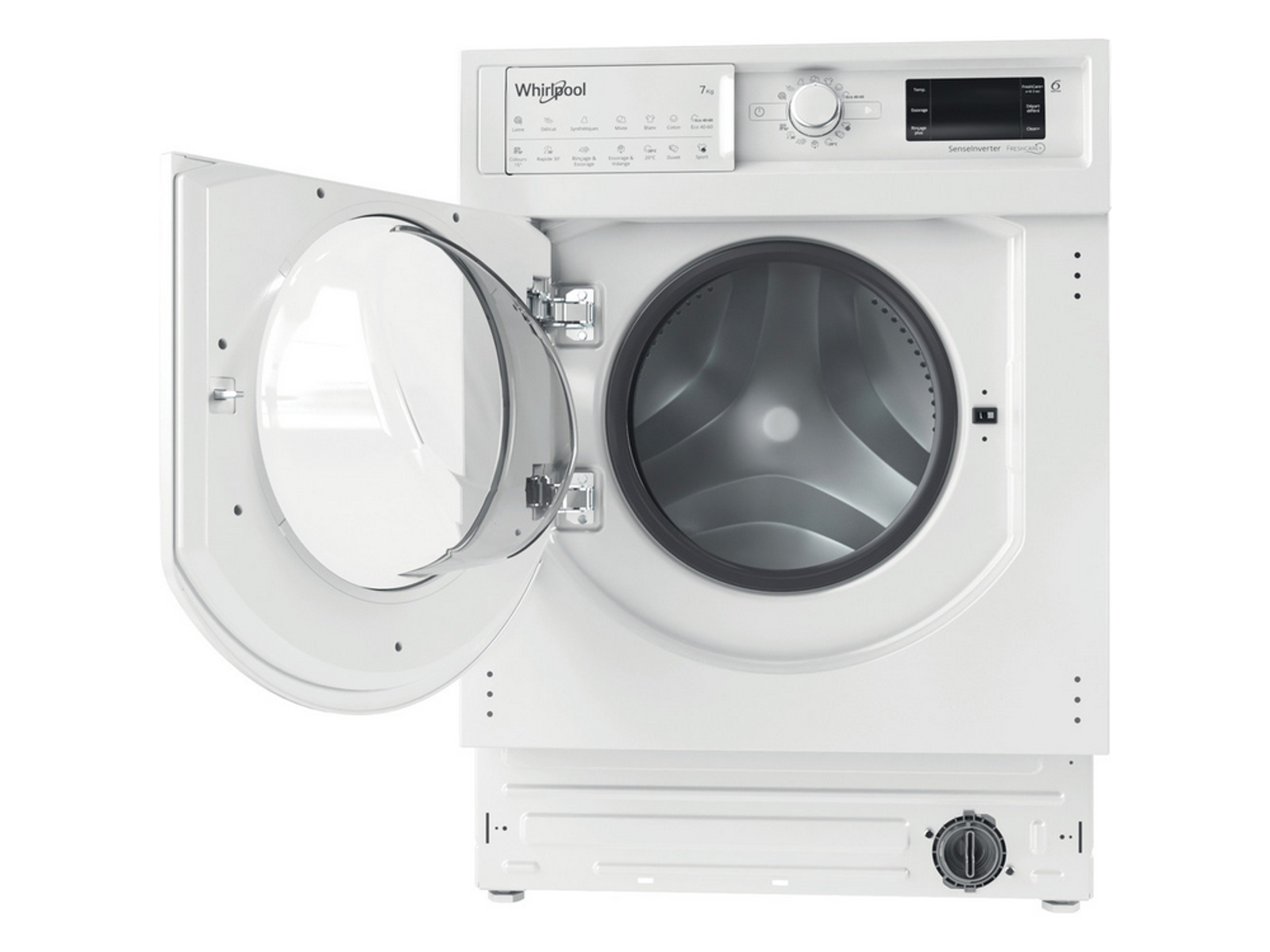 Vista frontal de una lavadora blanca Whirlpool con puerta abierta y panel de control.