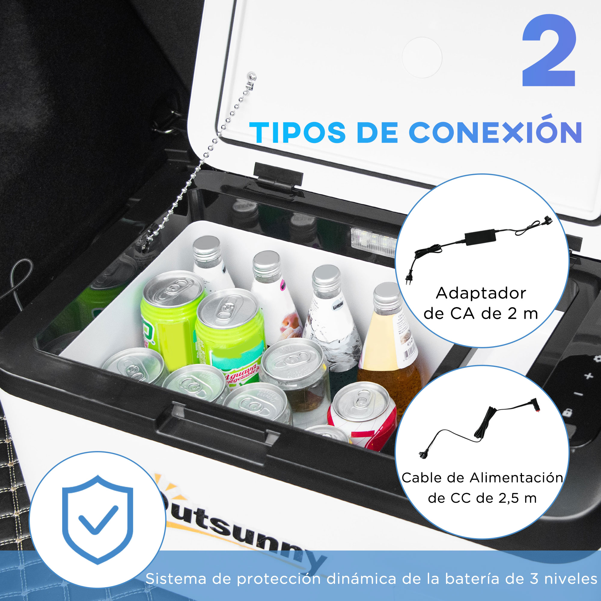 Nevera para coche con dos tipos de conexión y texto en español, mostrando latas y botellas dentro.
