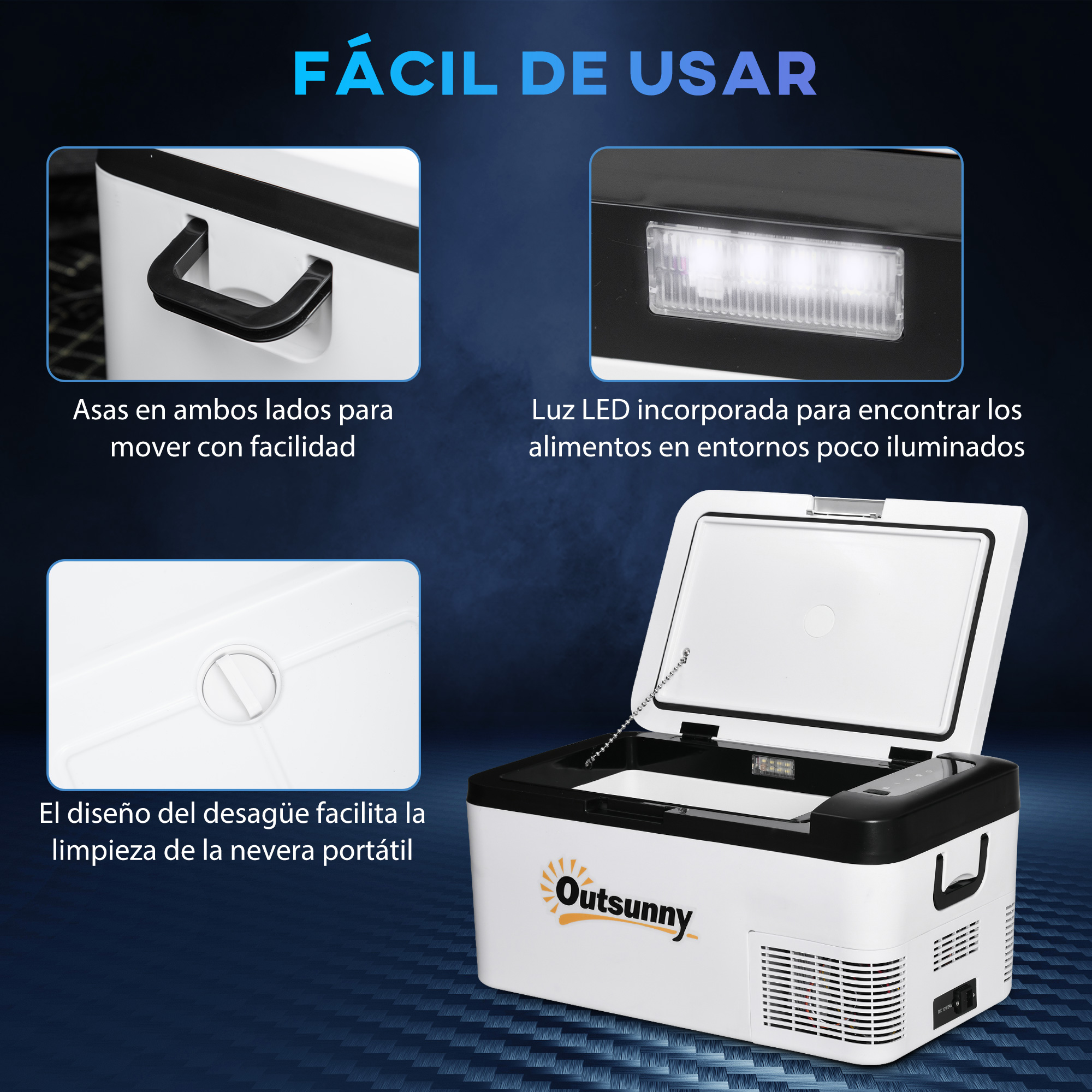 Refrigerador portátil con cuerpo blanco y tapa negra. Características visibles.