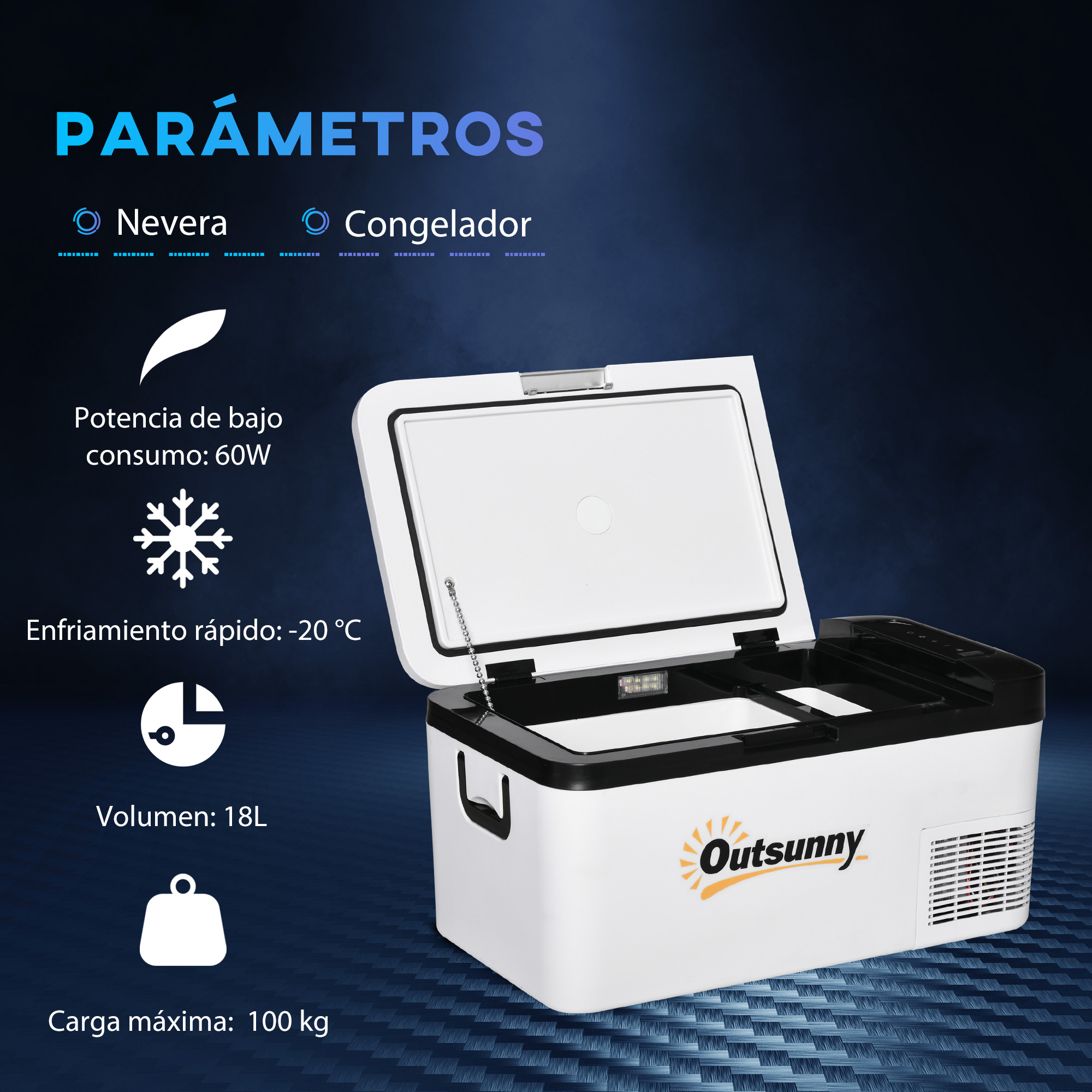 Un mini frigorífico blanco y negro con la puerta abierta, mostrando el interior. El frente tiene el logo 'Outsunny'.