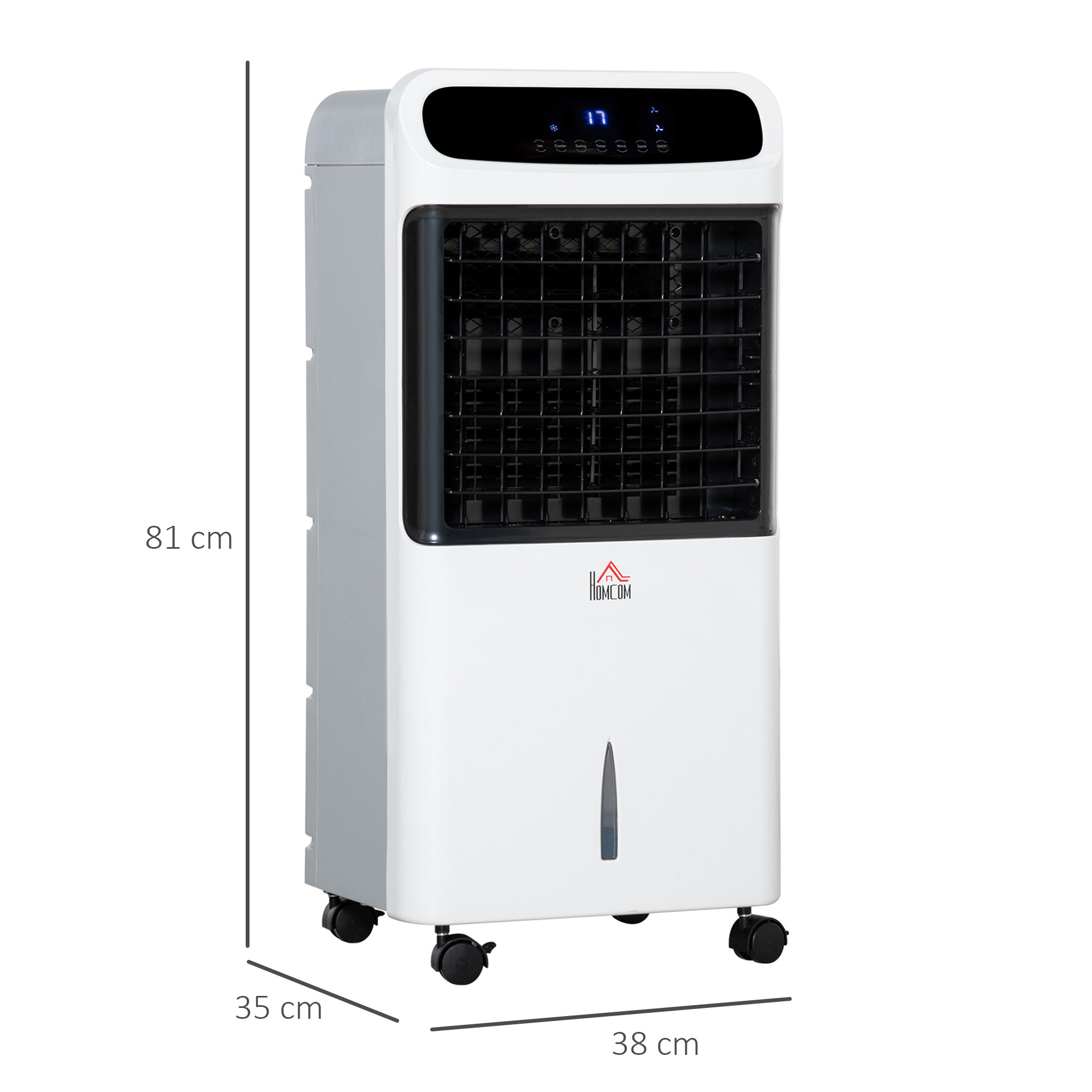 Enfriador de aire blanco y rectangular con rejilla negra y ruedas. Dimensiones indicadas.