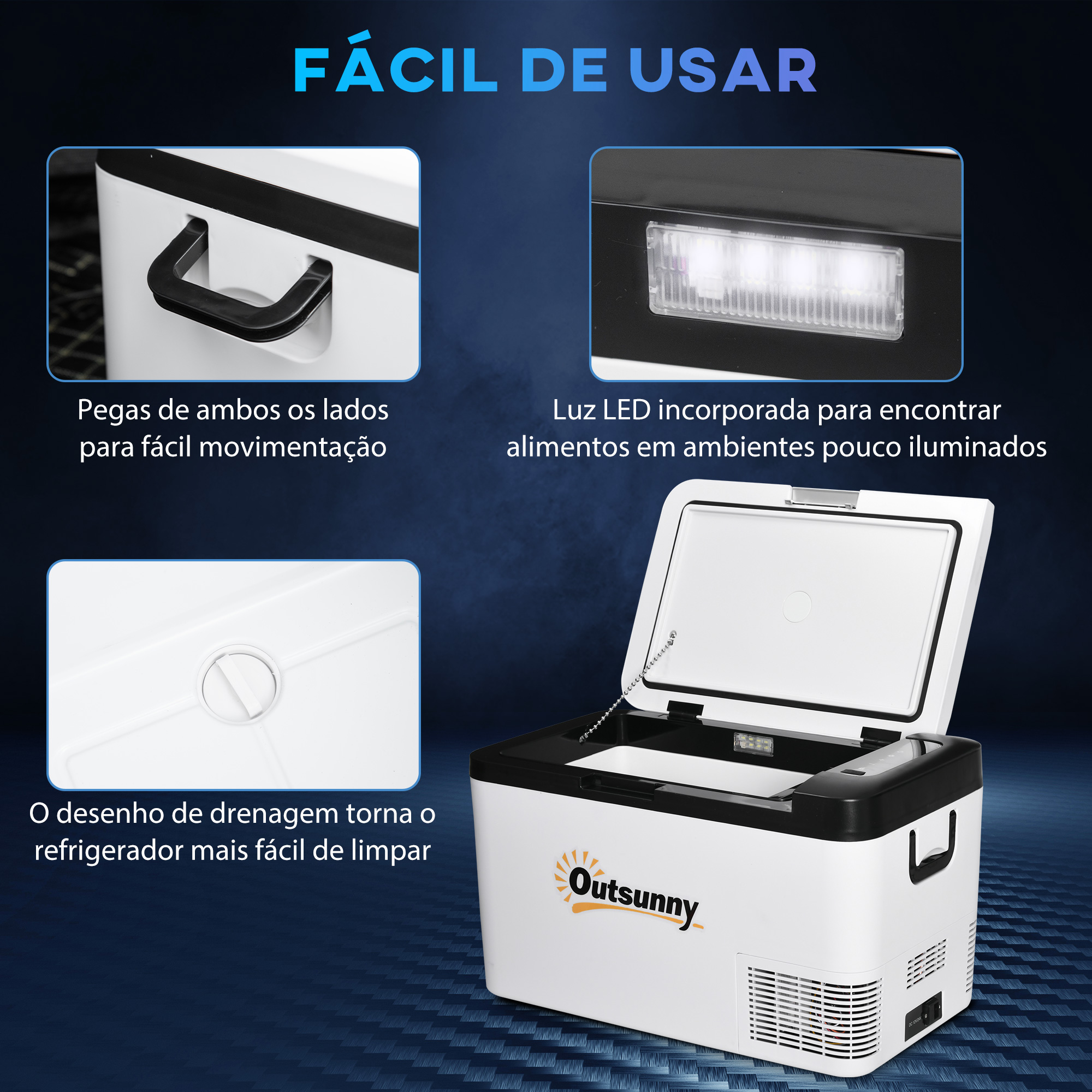 Una nevera portátil Outsunny, con características etiquetadas. Tiene asas, luz LED y drenaje.
