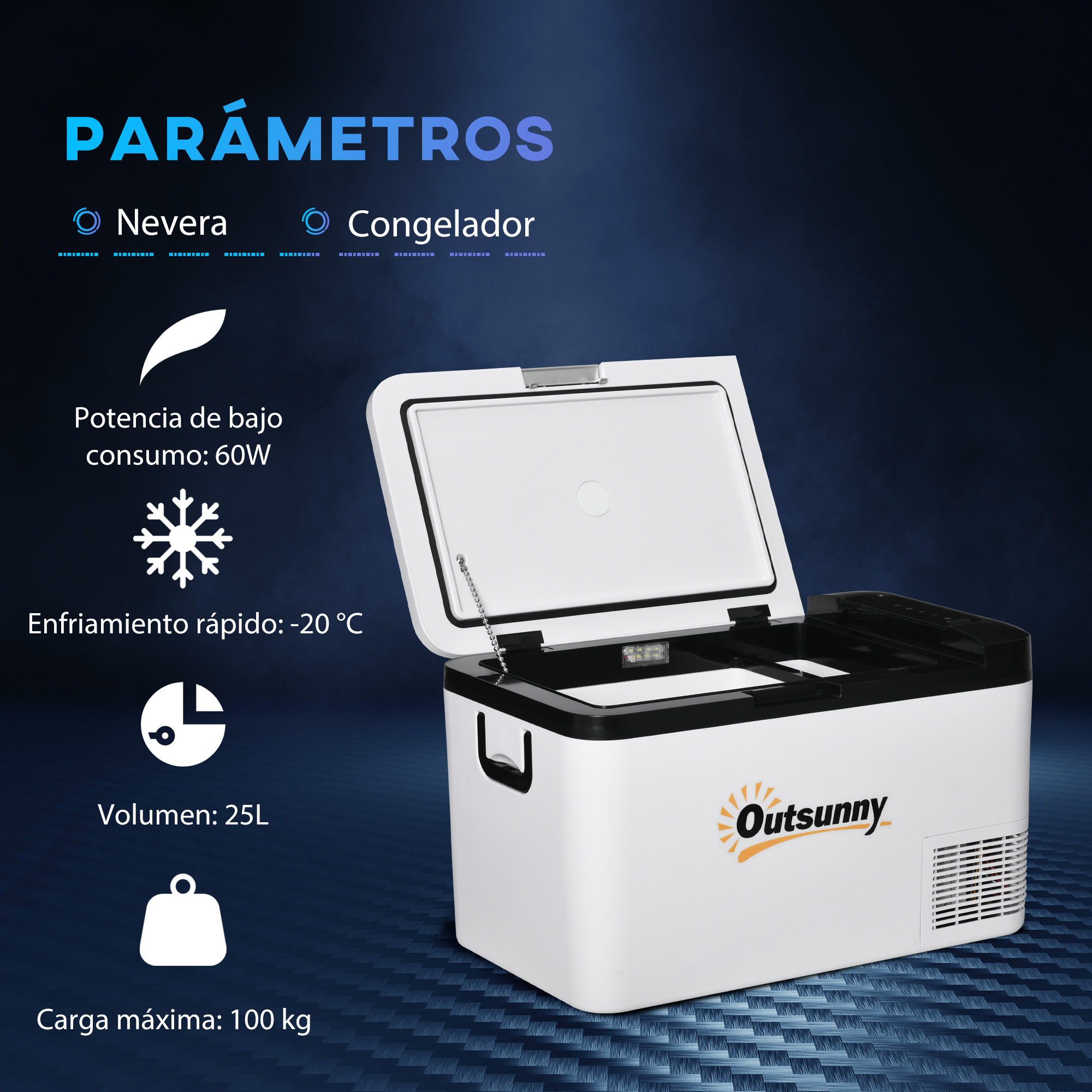 Un refrigerador portátil blanco y negro con tapa abierta y texto en español.